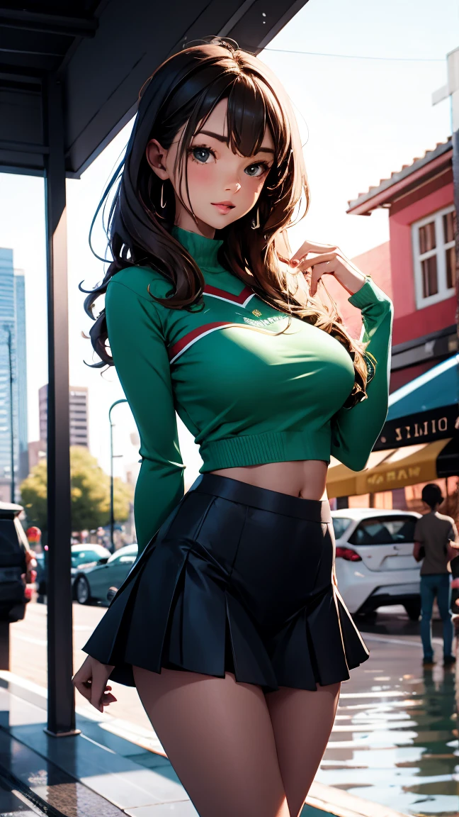 "Generate an AI image of a young woman with long, flowing black hair and striking green eyes. She is depicted wearing a stylish jacket and high-waisted jeans, accessorized with a beanie and belt. Her attire includes revealing clothing that subtly emphasizes her ample chest, maintaining a tasteful and modest portrayal."