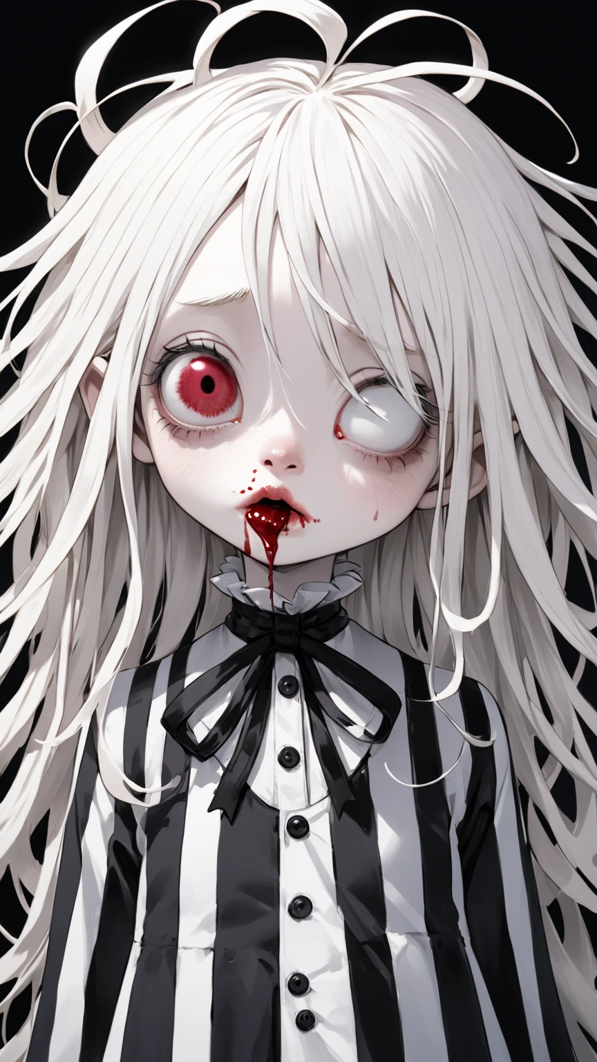 there is a woman with white hair and a creepy face, white scary skin, with glowing red eyes, with red glowing eyes, zombie with white eyes, jeff the killer, ghoul, kaneki ken, pale white face, pale young ghost girl, gapmoe yandere grimdark, gapmoe yandere, scary look, scarry, with a red eyes