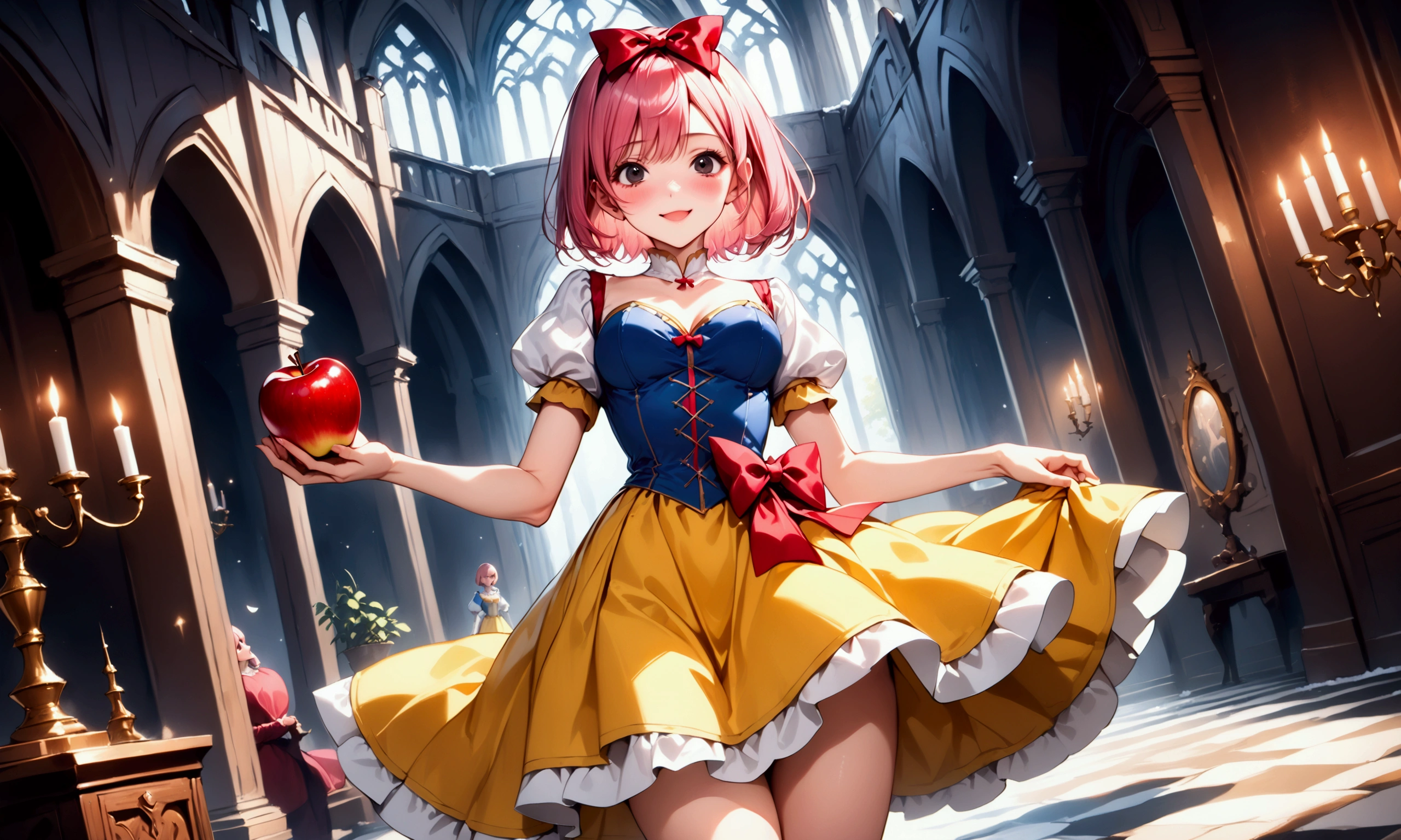 (((Picture book illustrations))), Fantasy World, (Medieval European), (Characters are on the edge), ((spring)), ((snow white cosplay, snow white (disney) (cosplay), cosplay, dress, hair bow, puff and slash sleeves, puffy short sleeves, puffy sleeves, red bow, short sleeves, skirt, yellow skirt)), break, skinny, alone, solo, Masterpiece, highest quality, highest quality, 16K, incredibly absurd, highly detailed, 2.5D, ai-generated, delicate and dynamic, very delicate facial expressions, delicate eye depiction, , only woman, ((A cute and kind face)), healthy figure, ((1 woman)), (20 years old), 160cm tall, (((short hair), Straight Hair, (pink hair:1.5), bob cut, black eye)),), medium firm swaying bust, (()), , ((thin thighs)), shiny and lustrous, facing straight at viewer, ((dutch angle)), (Dynamic Pose), (((random Pose))), Medieval European castle, inside the princess's room, dark room, big apple placed, holding apple, crazy smile,