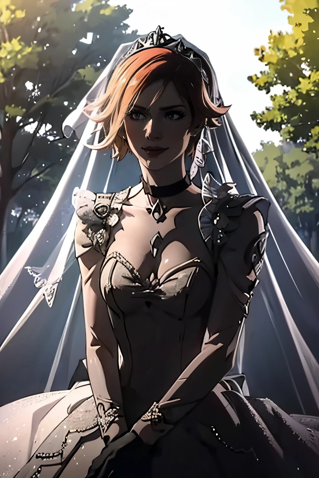 Lilith Borderlands, hair between eyes, ahoge, blonde hair, star \(symbol\), hair ornament, ruffled tulle dress, cleavage, bare shoulders, collarbone, long black elbow gloves, black gloves, black dress, black choker, strapless, tiara, veil, strapless dress, princess dress, veil, beautiful woman, perfect body, perfect breasts, wearing a princess dress, ball gown, in the park trees, wedding decorations, a warm smile, realism, masterpiece, textured skin, super detail, high detail, high quality, best quality, 1080p, 16k