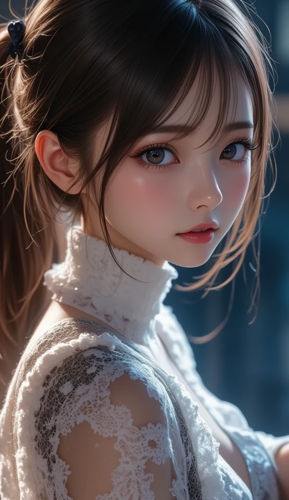 blurred background、anatomy、Russian２０Talented Woman、small face、detailed beautiful eyes、plump lips、detailed eyes and face、fascinating eye color、long eyelashes、1 girl、skin like white porcelain、Soft and delicate skin、bangs are short、medium long hair、brown hair、careful depiction of hair、An ennui look、elegant posture、Natural light、great atmosphere、silence、rosy cheeks、born、highest quality、High resolution、masterpiece:1.3、８ｋ