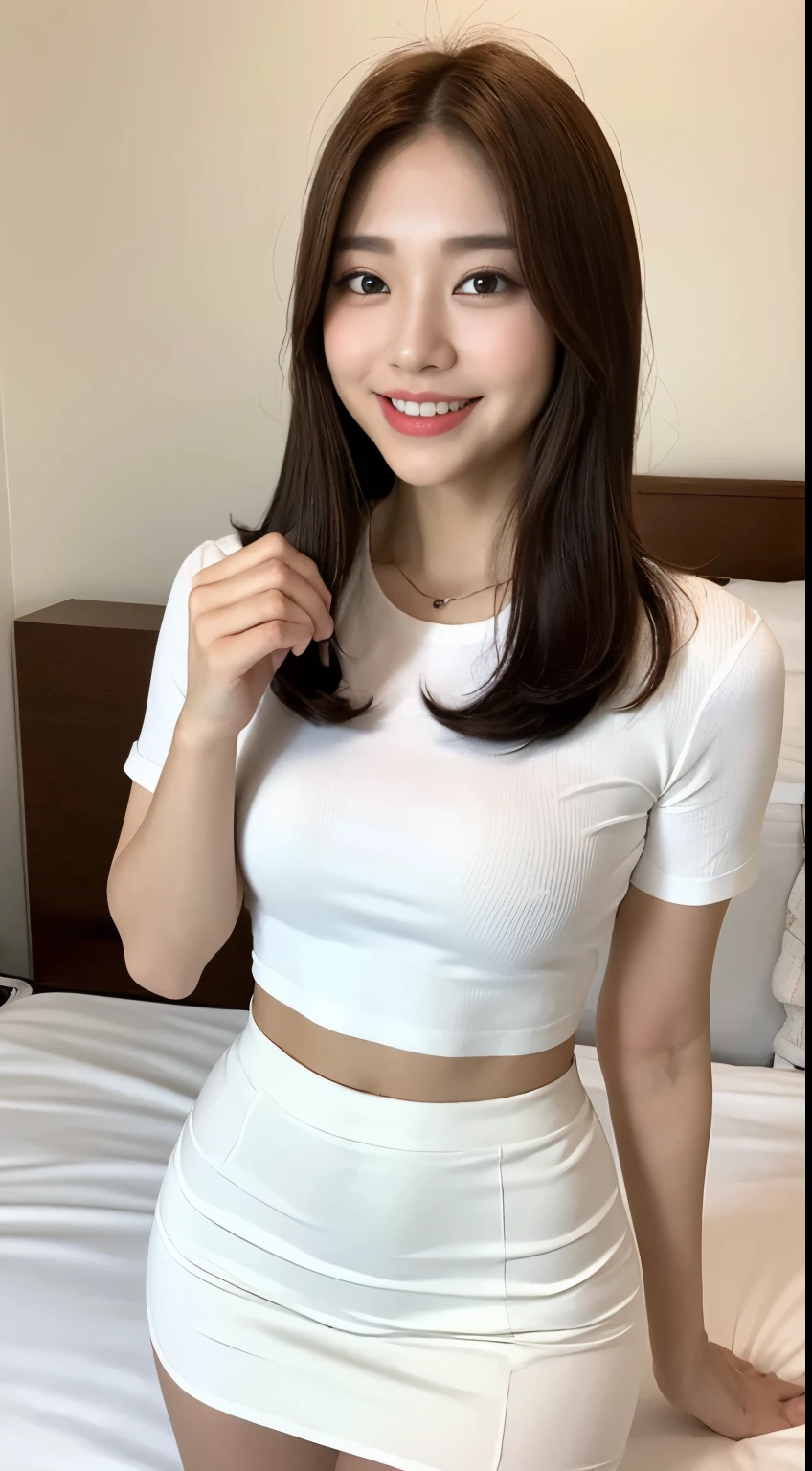 white tight shirt、white tight mini skirt、bed、smile、short sleeve、high resolution、Korean idol face