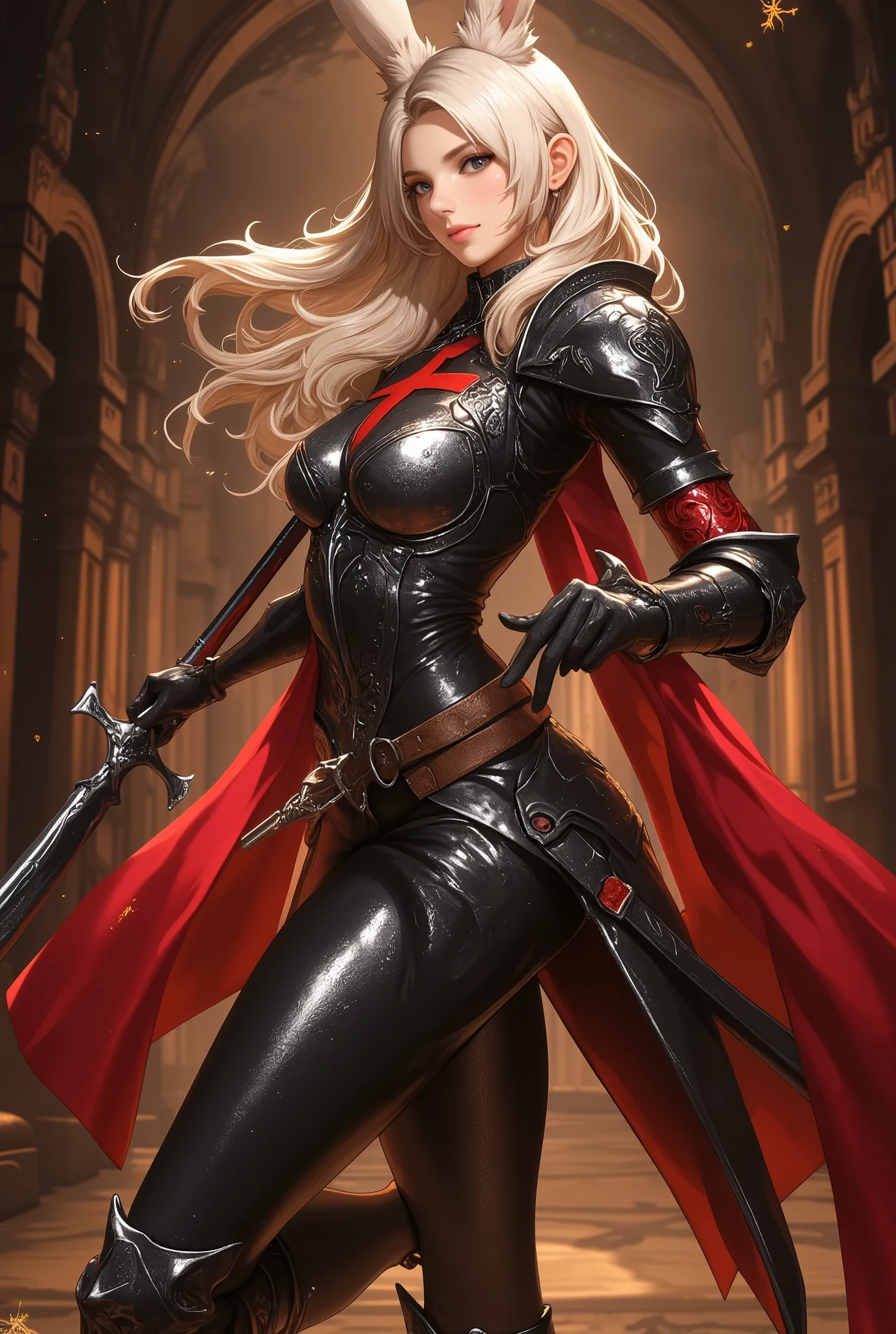 Final Fantasy Style , Takahashi Kazunari's masterpiece, Depiction of his face expressed in extreme detail, Detailed Eyes 、Detailed faces、Hair drawn down to the smallest detail 、Solo Female Viera , beautiful , 32K, enchantment, masterpiece, top quality, , , His ears are hidden by hair and cannot be seen , ((uplifted breasts, deep cleavage )), sexy long legs, , full body, close up, Crusader Commander 、 Knights Templar、Knights Formal Wear 、 Luxurious, Intricate Formal Wear、 Luxurious formal attire with a cross pattern on it、Crimson Cloak、Great Sword、Luxury palace