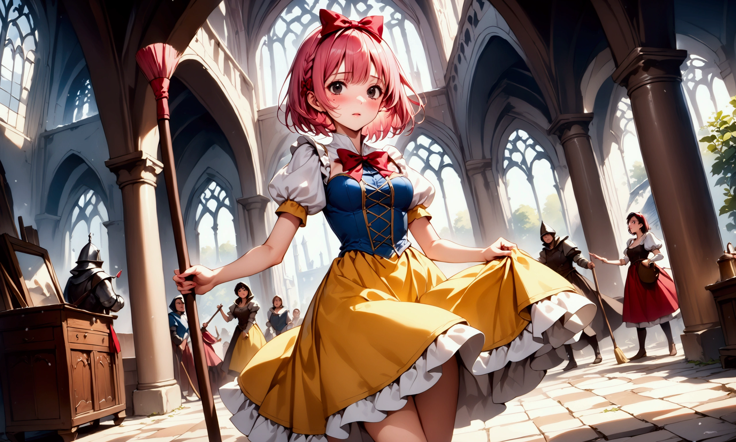 (((Picture book illustrations))), Fantasy World, (Medieval European), (Characters are on the edge), ((spring)), ((snow white cosplay, snow white (disney) (cosplay), cosplay, dress, hair bow, puff and slash sleeves, puffy short sleeves, puffy sleeves, red bow, short sleeves, skirt, yellow skirt)), break, skinny, alone, solo, Masterpiece, highest quality, highest quality, 16K, incredibly absurd, highly detailed, 2.5D, ai-generated, delicate and dynamic, very delicate facial expressions, delicate eye depiction, erotic, only sexy woman, ((A cute and kind face)), healthy figure, ((1 woman)), (20 years old), 160cm tall, (((short hair), Straight Hair, (pink hair:1.5), bob cut, black eye)),), medium firm swaying bust, ((medium breasts)), sexy, ((thin thighs)), shiny and lustrous, facing straight at viewer, ((dutch angle)), (Dynamic Pose), (((random Pose))), (Holding a broom), Medieval European castle, shabby room of a maid, working, cleaning, sad, sad face, people watching from afar,, (Standing),