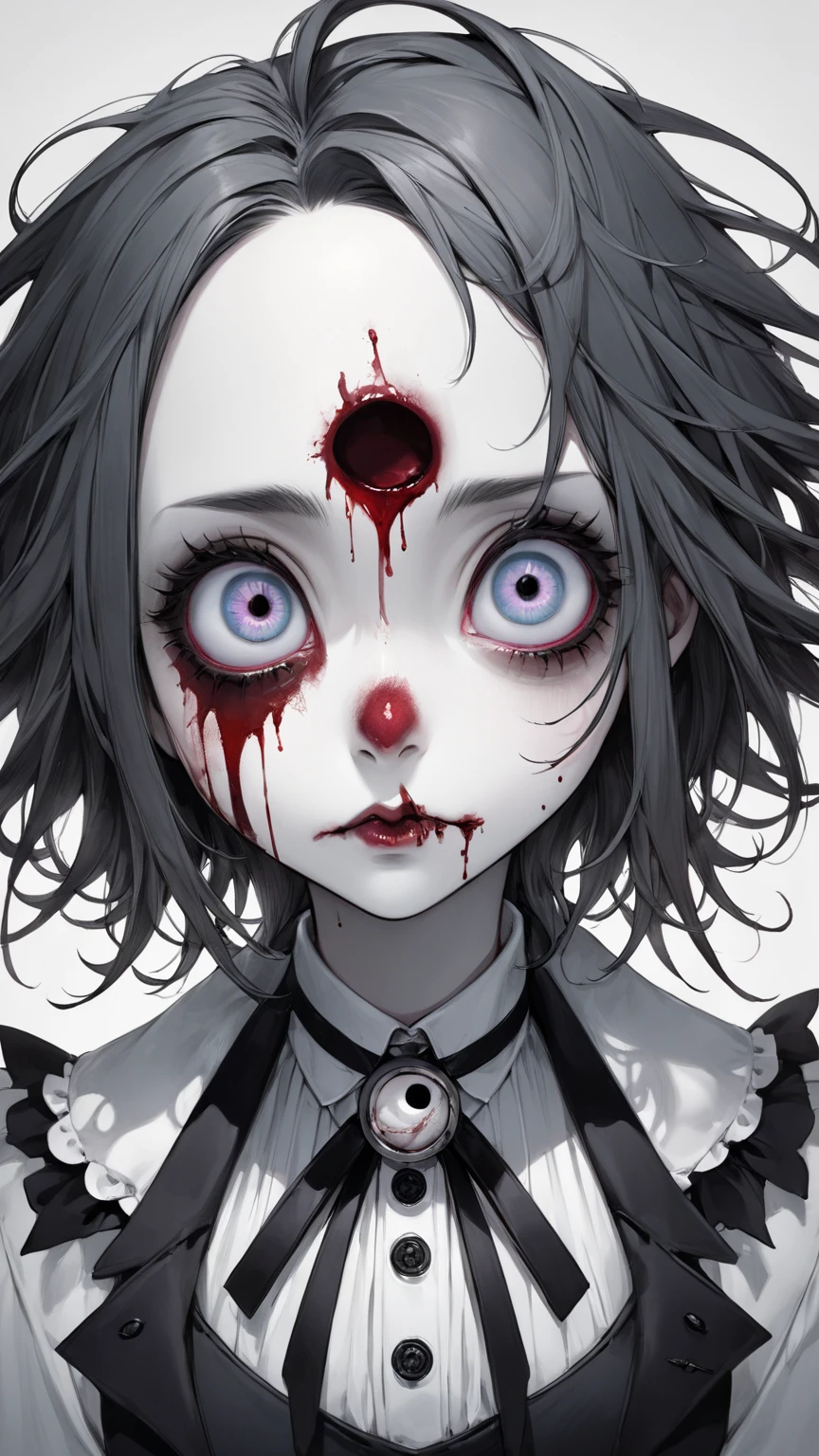 Realistic, darkness, disease, Mine - Type, Mass production type, cross, ribbon, Slanted Eyes, Twin tails, Thick Coating, Black Hair, Red eyes, Blood, Old dolls (His face is cracked like porcelain), This is Junji's art.