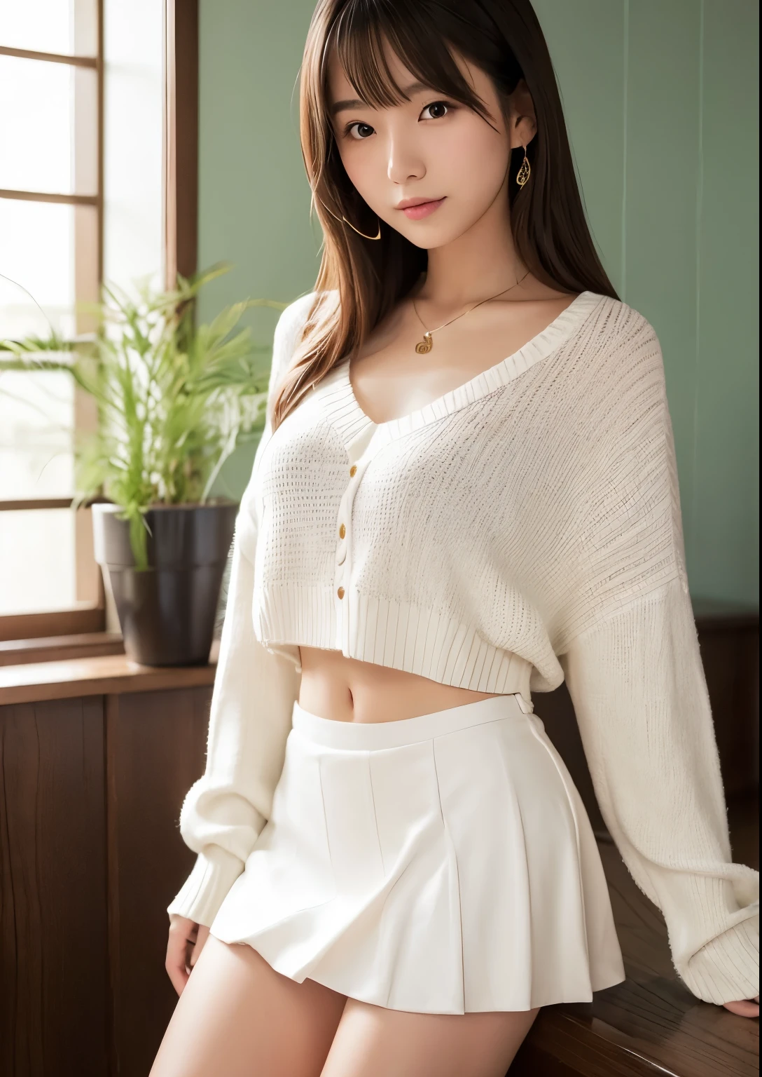 (Tabletop: 1.3), (Maximum resolution: 1.2), (Ultra HD TV: 1.2), Cinematic light, Ultra HD TV, (Detailed eyes and skin), (Detailed facial features), Hmph, 8k resolution, Sharp focus: 1.2, Perfect Style, Beautiful Face, Perfect body, Accurate, Anatomically correct, Highly detailed face and skin texture, Detailed eyes, Dark blue eyes, double eyelid, Thin eyebrows, Glitter Eyeliner: 1.2, Natural Cheeks, Glowing Skin, Fair skin: 1.2, Shiny little necklace and earrings, (Glossy Lips: 1.4), break, First Person View, (She is a very cute female teacher), (Pink lace panties), (Captivating smile: 1.2), ((Pure and cute girl:1.3)), (Light wavy ponytail), (Light Brown Hair:1.2), (Cowboy Shot: 1.2), break, ((Very close relationship: 1.2)), Medium large breasts, ((View your viewers:1.2)), ((Hot Spring Trip:1.2)), ((Bend your knees and open your legs wide:1.2)), (From the side:1.2),Low angle shot,Full Body Shot A light-colored, long-sleeved, tight-fitting sweater Tight Denim Mini Skirt Embarrassed look Kamimei