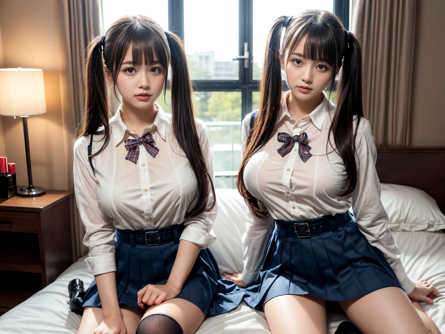 Ultra realistic 8K CG, Picture-perfect face, flawless, clean, masutepiece, Professional artwork, famousartwork, Perfect face, Beautiful face, Beautiful eyes, ((Perfect female body)), (Slender body), 16 year old girl, Solo, (Immersive atmosphere, Chiaroscuro:1.5, Bright light:1.2, Luminous lighting), (blush:0.5), fascinated expression, Extremely detailed_Eyes, Small breasts, beautifullydetailedbackground, depth of fields, Realistic:1.3, longshot, 1girl in, Shirt, Pleated skirt, Japan school uniform, Sitting, Full body, (ambient lights:1.3), (Cinematic composition:1.3), (Neon light:0.1), (nffsw:0.1), Accent Lighting, White pantyhose,Neat and clean lady,