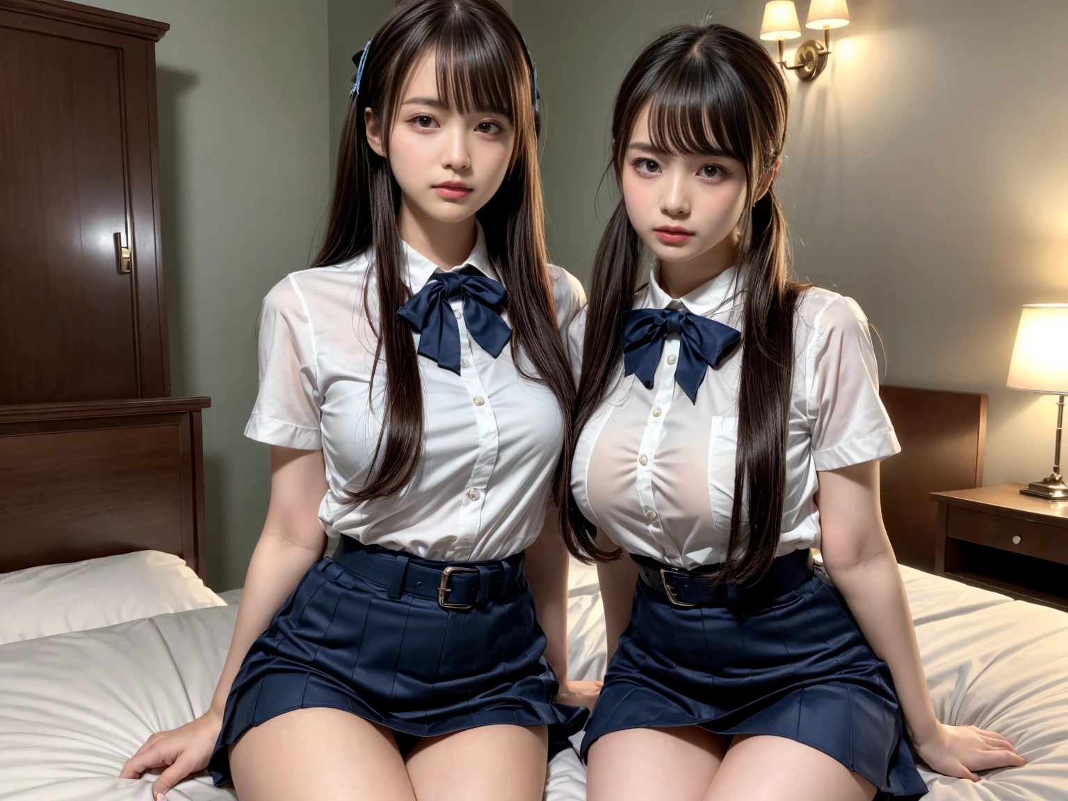 ulzzang-6500-v1.1, (top quality, masterpiece), (raw photo: 1.2), (photorealistic: 1.4), highest quality, master, very tasty and beautiful, highly detailed CG, 8k wallpaper, amazing fine details, master masterpiece, official art, huge file size, high resolution, 2-3 girls, ( snugly next to each other without separation between characters), (there is no break in one piece), teens to twenties, Japan people, Nogizaka girls, (representation of the human body based on precise anatomy), intricate details, Japan schoolgirl uniform, (neat white blouse of smooth sheer fabric with ribbon ties), ( Ultra Mini Navy Blue tartan check pleated skirt), (everyone is wearing the same clothes), (tightly dressed), clothes are smooth and contractile, (less exposed upper body), (white panties), (fasten all buttons of blouse)), blonde, (((very large breasts)), (women with very large breasts), (very spread breasts), (cramped clothes), (no bra), (only the area shows through the skin tone)), (dark brown areola), (small prickles), (big buttocks), (thin thighs), very beautiful eyes, bright ultramarine eyes, (detailed pupils reflecting light), (the iris of the eye is painted with fine radial pattern details), (the expression of the whites of the eyes is slightly dark), (the upper 30% of the eyes are shadowed), double eye lids,( Eyes and mouth half open and sleepless expression),No makeup,snug,No makeup,(nose very low and wide), Natural eyebrows, realistic shading assuming a light source, cute girl and beauty, (whitening skin), baby face, smile, long hair half braid, ((backward pose)), ((looking back from the back),((showing off the buttocks)),(looking straight back and not looking at me)),cuddling, cheeks together, Cross your arms like a lover,Look at your partner, Pick at the of your clothes, Frame in from thighs up, Beautiful garden with flowers, clear sunshine,