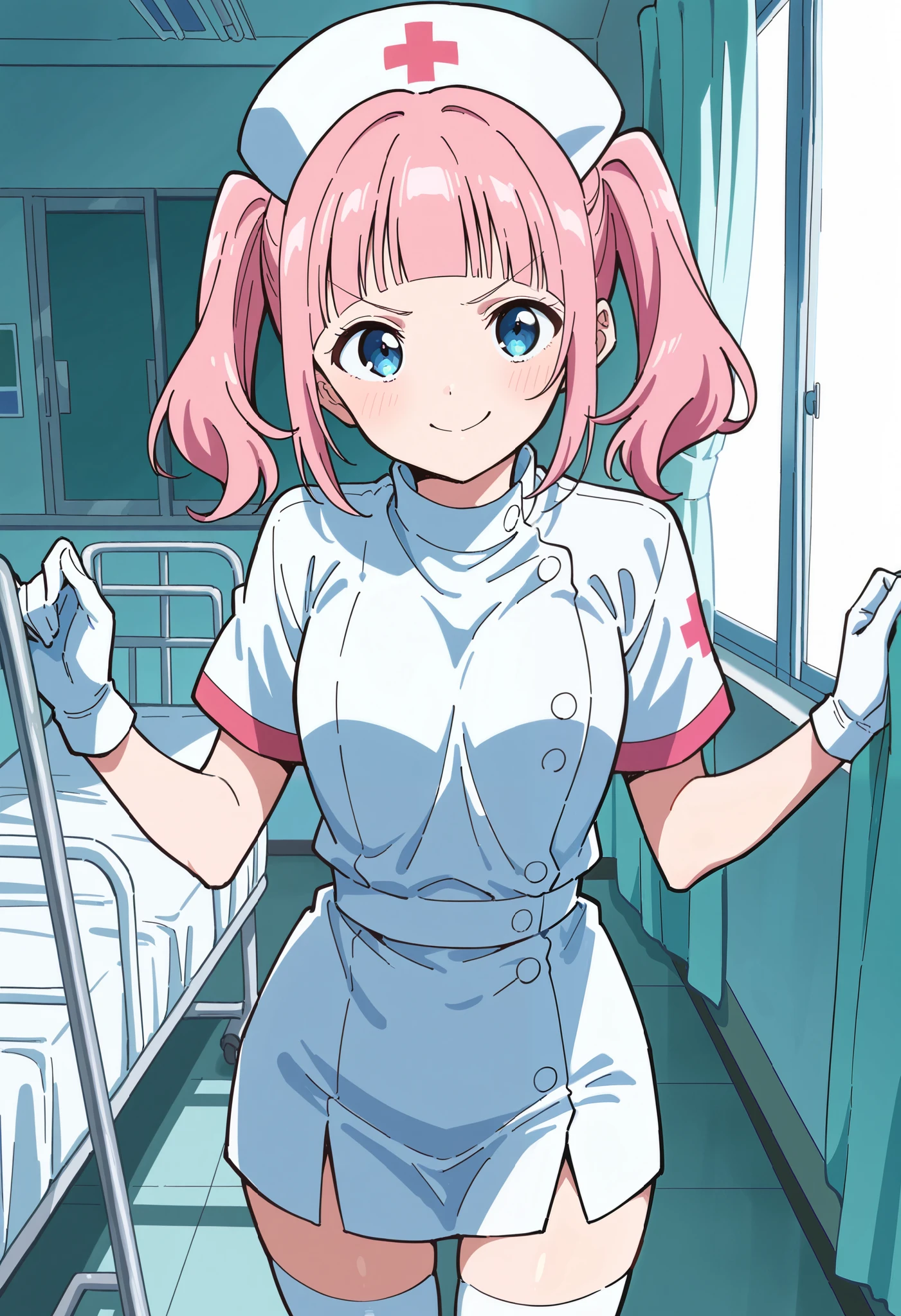 Score_9, score_8_up, score_7_up, source_anime, makeru yadano, solo, bangs, pink hair, twintails, blunt bangs, blue eyes, (best quality), (high quality), {masterpiece}, extremely delicate and beautiful, ultra-detailed, beautiful detailed eyes, nurse, nurse hat, ((white nurse's outfit)), white gloves, white legwear, zettai ryouiki, hospital room, smile, v-shaped eyebrows, closed mouth, standing