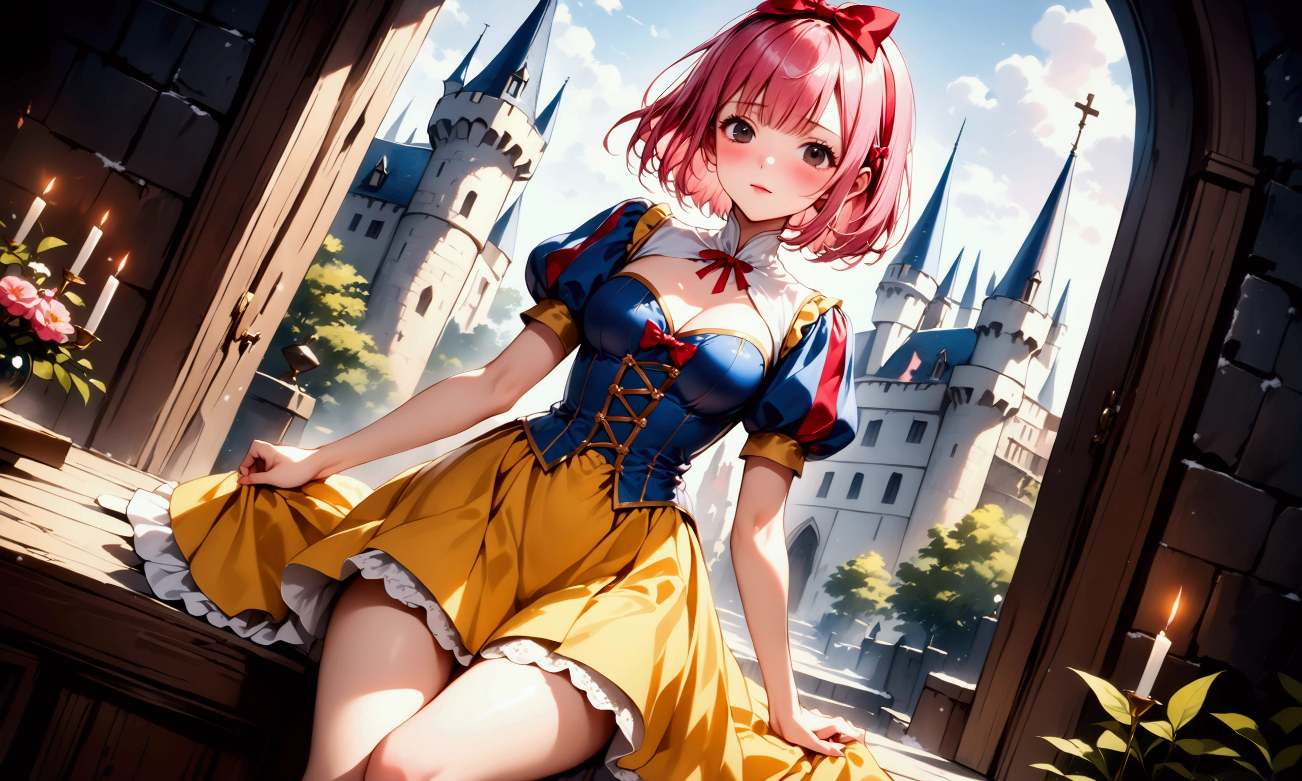 (((Picture book illustrations))), Fantasy World, (Medieval European), (Characters are on the edge), ((spring)), ((snow white cosplay, snow white (disney) (cosplay), cosplay, dress, hair bow, puff and slash sleeves, puffy short sleeves, puffy sleeves, red bow, short sleeves, skirt, yellow skirt)), break, skinny, alone, solo, Masterpiece, highest quality, highest quality, 16K, incredibly absurd, highly detailed, 2.5D, ai-generated, delicate and dynamic, very delicate facial expressions, delicate eye depiction, , only woman, ((A cute and kind face)), healthy figure, ((1 woman)), (20 years old), 160cm tall, (((short hair), Straight Hair, (pink hair:1.5), bob cut, black eye)),), medium firm swaying bust, (()), , ((thin thighs)), shiny and lustrous, facing straight at viewer, ((dutch angle)), (Dynamic Pose), (((random Pose))), (evil), Medieval European castle, inside a castle room, lost in thought, gazing out the window, plotting evil, (sit),