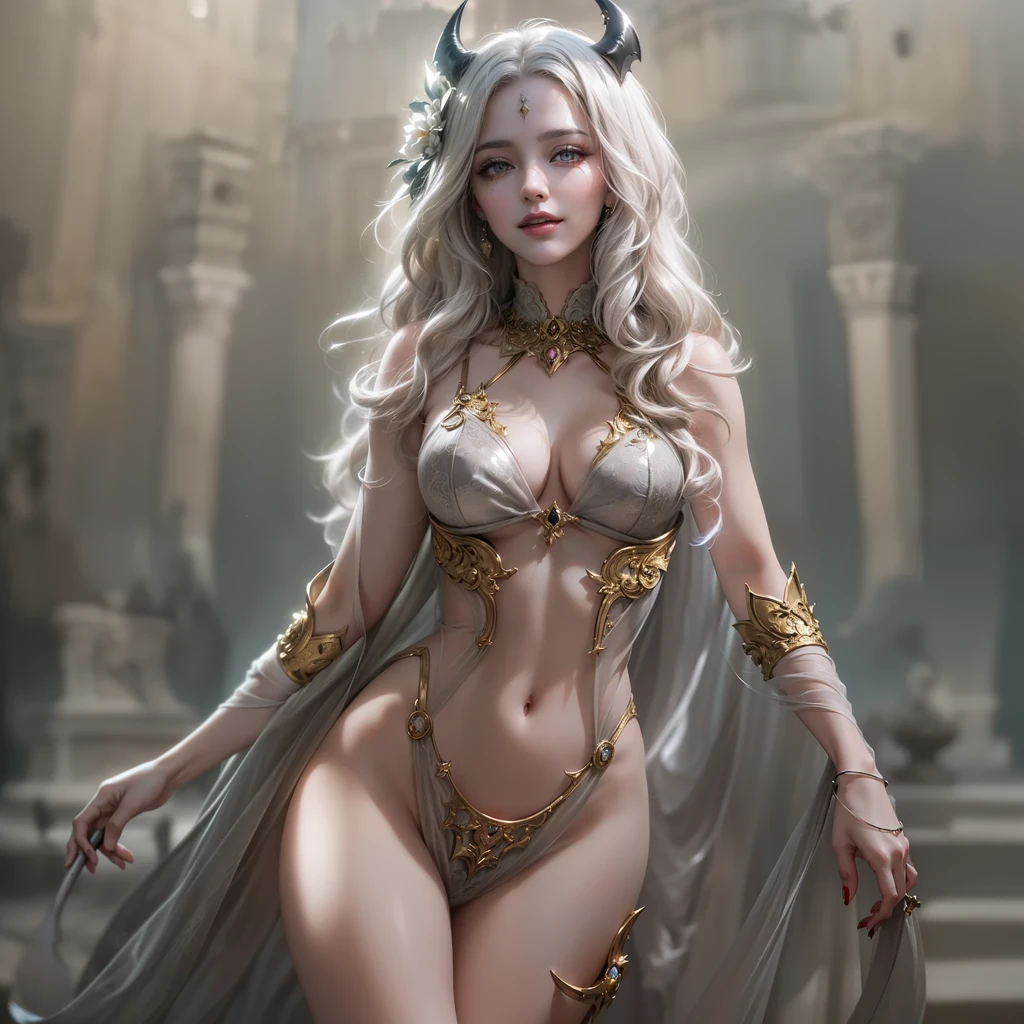 Female anthromophic furry dragon, long white hair and body colours of red, black and gold, slim body,