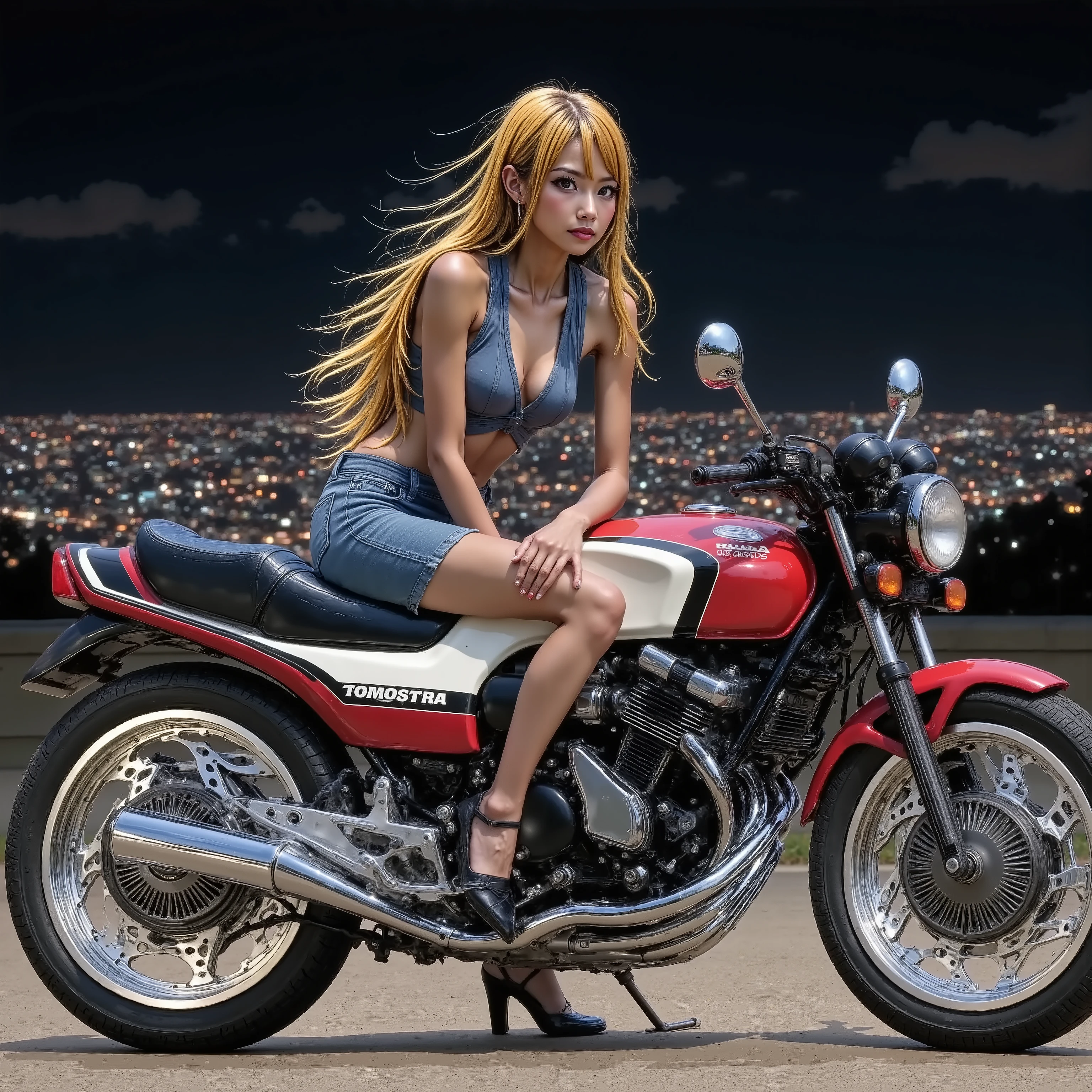one motorcycle/CBX400F/One Girl Riding {/ Ouka-chan/}、 HONDA Racing Inline 4 Cylinder Engines 、 Titanium Frame 、Titanium full exhaust pipe 、 Magnesium Wheels 、Race Tires 、 racer separate handle、 racer back step 、 Competition Vehicles without Safety Parts 、 Accurate Wheelbase 、Accurate scale、Hilltop road overlooking the night view of the big city、Glossy brown skin