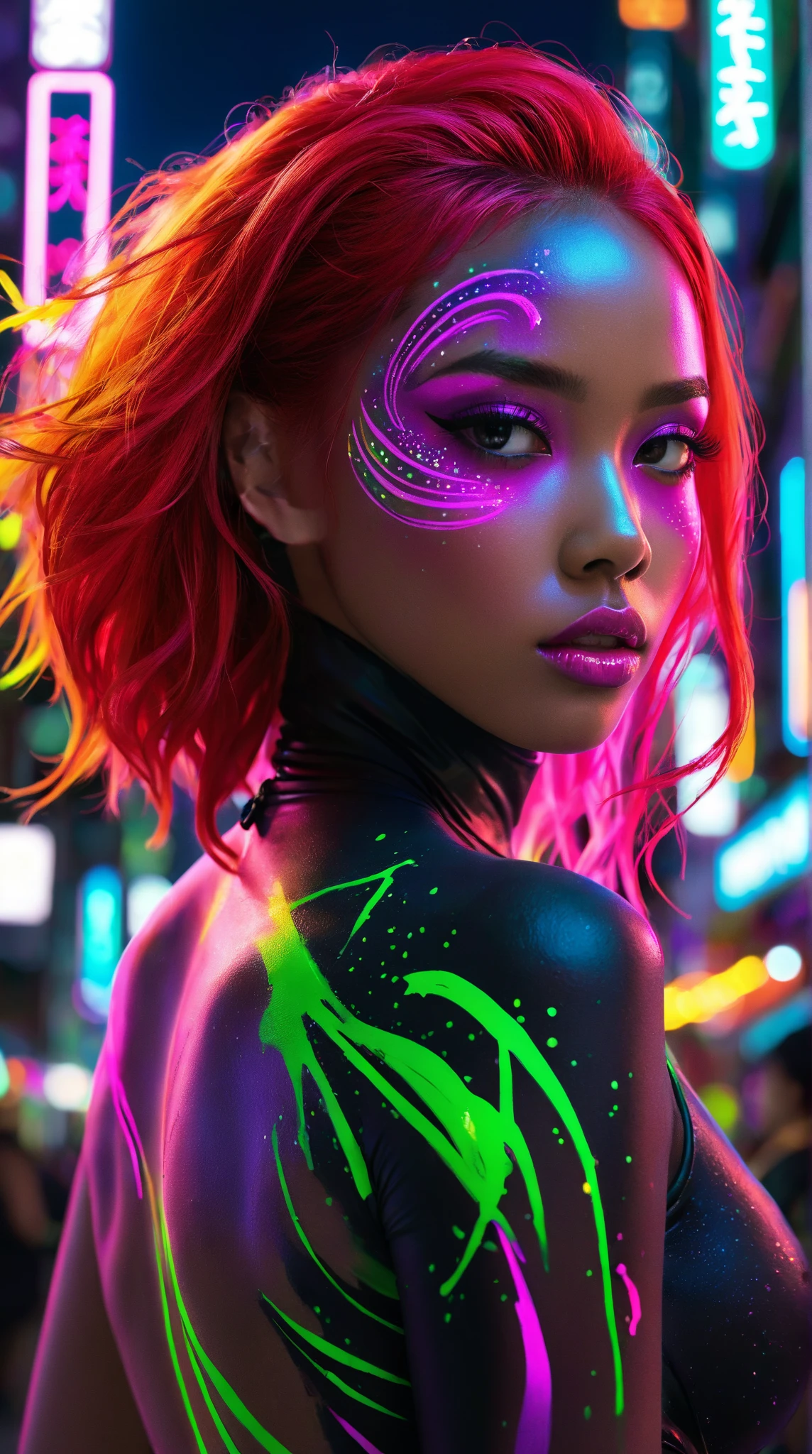 A beautiful woman with vibrant pink hair, her naked body is covered in glowing full-body paint, and abstract patterns that resemble neon paint splashes, the background is dark and blurred with warm, soft lights creating an ethereal atmosphere, she is posing confidently with one hand on her head and the other on her chest, her skin has a luminous fluorescent body paint, radiant quality with purple and orange hues, the overall mood of the image is mystical and artistic, combining elements of sensuality and surrealism. Full body. Bright violet eyes.