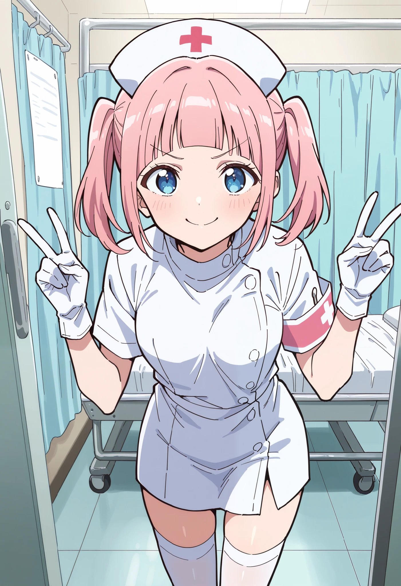 Score_9, score_8_up, score_7_up, source_anime, makeru yadano, solo, bangs, pink hair, twintails, blunt bangs, blue eyes, (best quality), (high quality), {masterpiece}, extremely delicate and beautiful, ultra-detailed, beautiful detailed eyes, nurse, nurse hat, ((white nurse's outfit)), white gloves, white legwear, zettai ryouiki, hospital room, smile, v-shaped eyebrows, closed mouth, standing