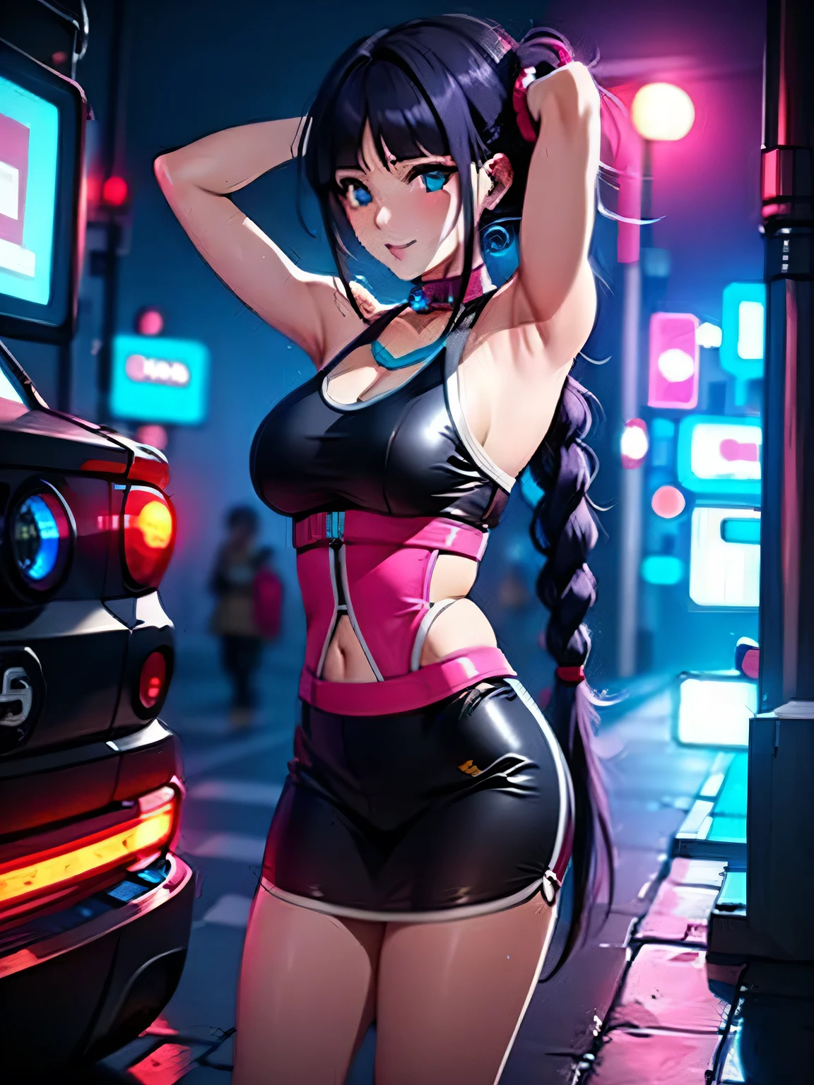 sporty girl with Asian features,(1girl:1.3),((anime girl with dark hair and turquoise highlights, extremely cute and beautiful walking seductively down the street)),
(large breasts:1.4),saggy breasts,(((Black hair with turquoise streaks:1.35, straight hair, long hair:1.4, colored inner hair,ear breathing))),((heterochromia, eye1 blue, eye2 turquoise, perfect eyes, upturned eyes:1.3, beautiful detailed eyes, finely detailed beautiful eyes:1, big highlight on eyes:1.2, slanted eyes)), (fat:1.2),(((lustrous skin:1.5,bright skin: 1.5,skin tanned,shiny skin,very shiny skin,shiny body,plastic glitter skin,exaggerated shiny skin))),(spider lower abdomen,narrow waist,wide hip,athletic body,inflated legs,delicate detailed fingers,detailed body,detailed arms,human hands, detailed hands),
cute,slutty,seductive,erotic,nsfw,
zettai ryouiki,revealing clothing,show skin,((((underboob)))),((sport tiny bra magenta, sport thong,visible thong straps)),(wearing a sport outfit:1.3,sport clothes,semi-naked,with little clothing,),(detailed outfit,detailed clothes),
(dynamic pose:1.0), embarrassed, centered, scale to fit dimensions, Rule of thirds,
outdoors, ((night view)), (cyberpunk night street Background: 1.5,dark sky,alleyway,lonely alley,thick clouds, detailed background:1.25),
(best quality), (high resolution), (sharp focus), (ultra detailed), (extremely detailed), (extremely high quality artwork), 8k_wallpaper, (extremely detailed CG 8k),(very fine 8K CG), ((hyper super ultra detailed perfect piece)), flawless, (((masterpiece))), illustration, vibrant colors, (intricate), High contrast, Selective lighting, Double exposure, HDR (High Dynamic Range), Post-processing, Background blur,