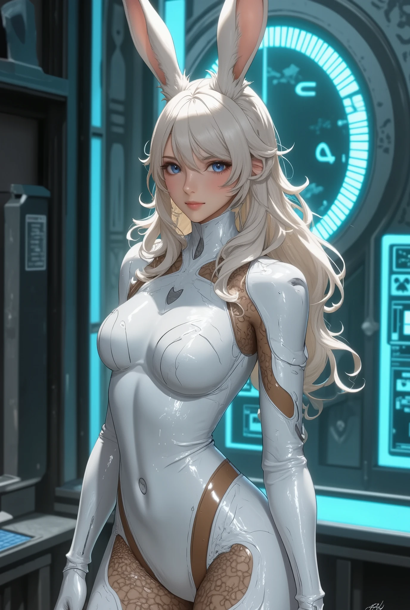 Superior image quality,ultra high definition,8K,Close-up of a cartoon character with very large breasts, elegant white armor brilhante, in white futuristic armor, elegant white armor, gynoid cyborg body, Shiny high-tech armor, silver eyes full body, lunar themed costume, sleek streamlined white armor, detailed white armor, streamlined white armor, gynoid body