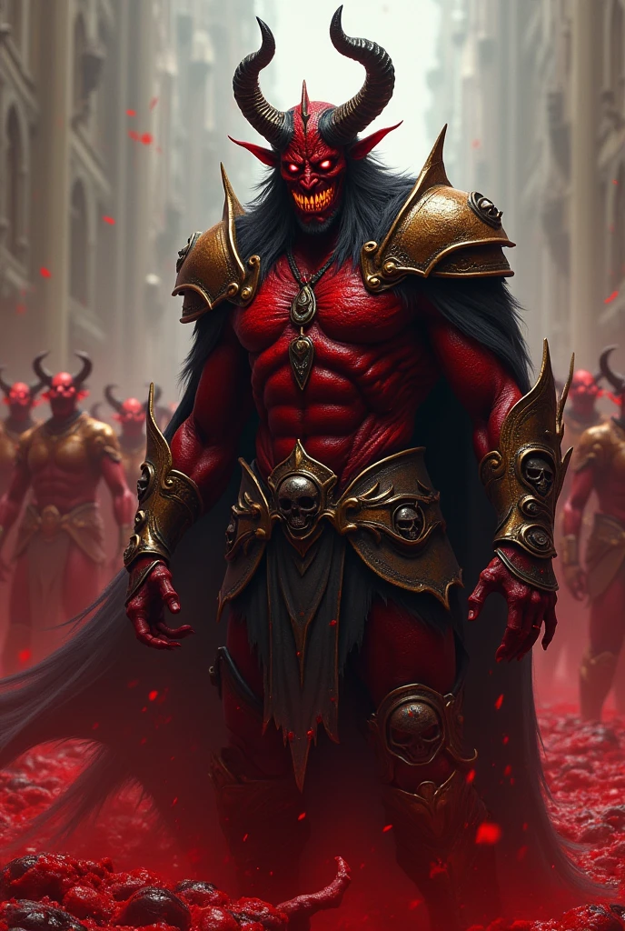A terrifying demon with dark red skin, glowing crimson eyes, and a sinister grin. He wears black and gold armor, with a crown of skulls. His body is covered in blood splatters, and every drop that falls to the ground forms a clone of himself. The background is a battlefield with countless demonic duplicates rising from pools of blood.
