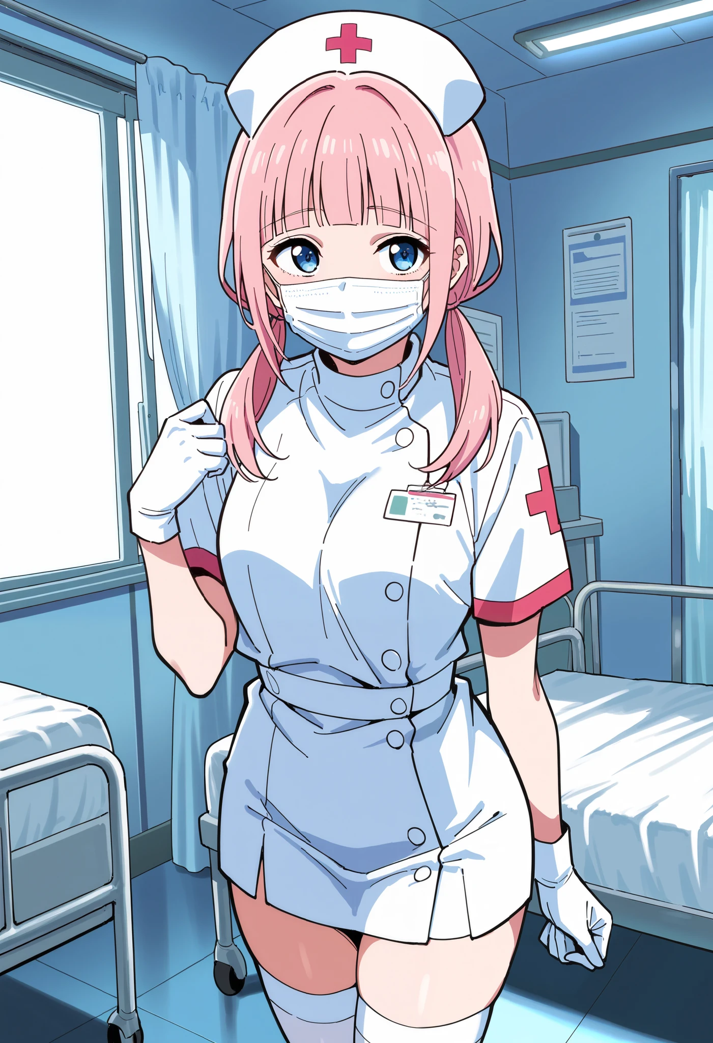 Score_9, score_8_up, score_7_up, source_anime, makeru yadano, solo, bangs, pink hair, low twintails, blunt bangs, blue eyes, (best quality), (high quality), {masterpiece}, extremely delicate and beautiful, ultra-detailed, beautiful detailed eyes, nurse, nurse hat, ((white nurse's outfit)), white gloves, white legwear, zettai ryouiki, hospital room, ((white surgical mask, covered nose)), standing