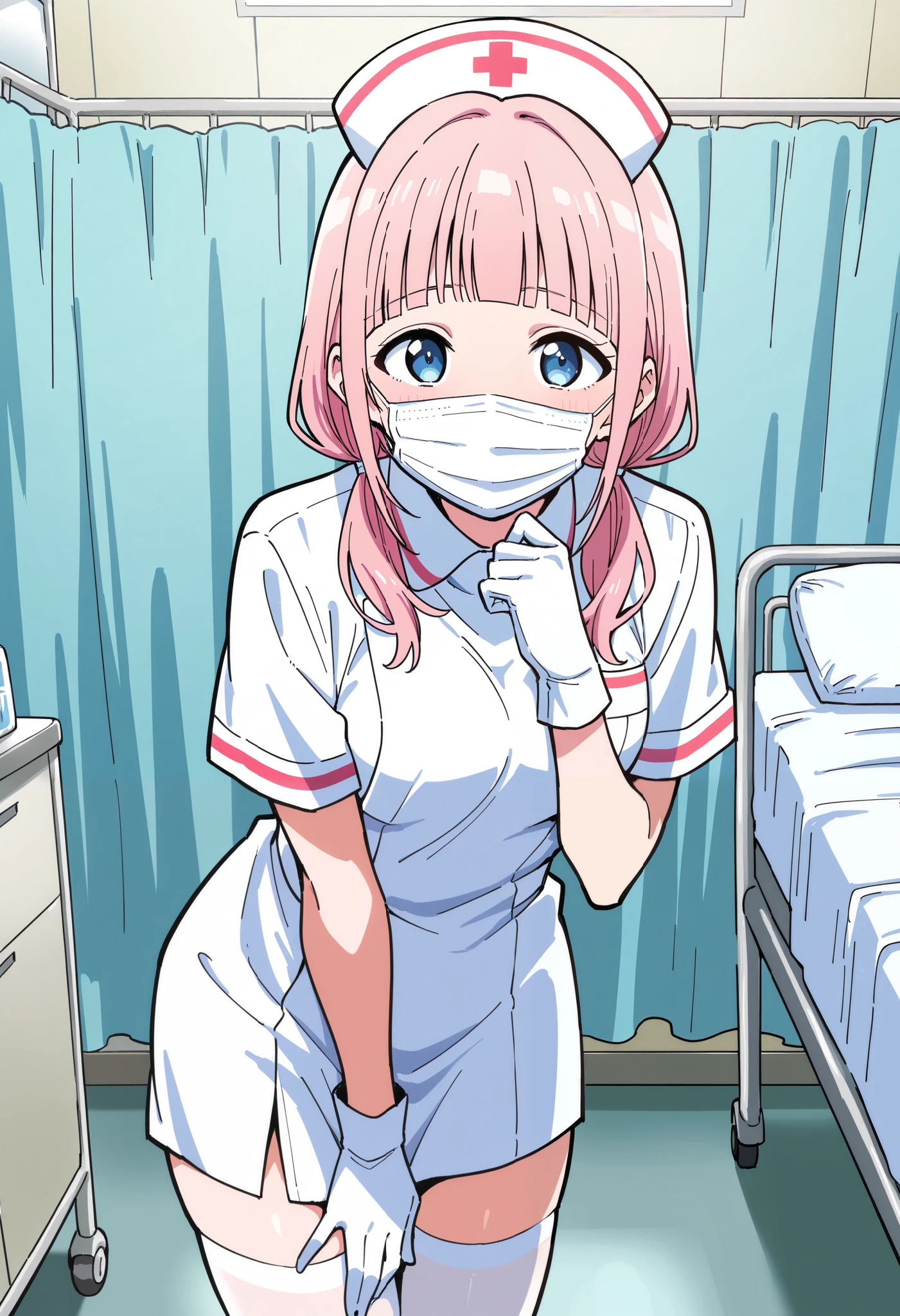 Score_9, score_8_up, score_7_up, source_anime, makeru yadano, solo, bangs, pink hair, low twintails, blunt bangs, blue eyes, (best quality), (high quality), {masterpiece}, extremely delicate and beautiful, ultra-detailed, beautiful detailed eyes, nurse, nurse hat, ((white nurse's outfit)), white gloves, white legwear, zettai ryouiki, hospital room, ((white surgical mask, covered nose)), standing