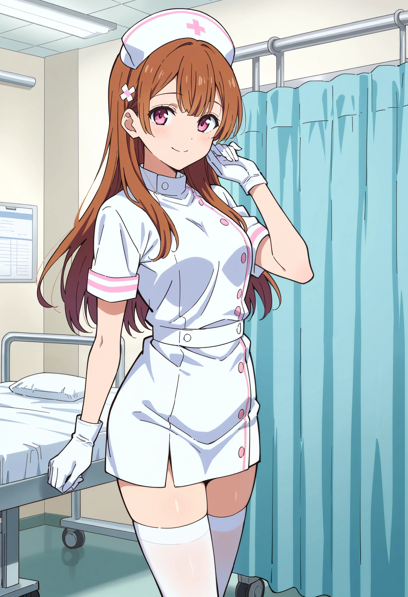 Score_9, score_8_up, score_7_up, source_anime, ren yamai, solo, long hair, bangs, brown hair, pink eyes, hair ornament, hair clip, (best quality), (high quality), {masterpiece}, extremely delicate and beautiful, ultra-detailed, beautiful detailed eyes, nurse, nurse hat, ((white nurse's outfit)), white gloves, white legwear, zettai ryouiki, hospital room, smile, closed mouth, standing
