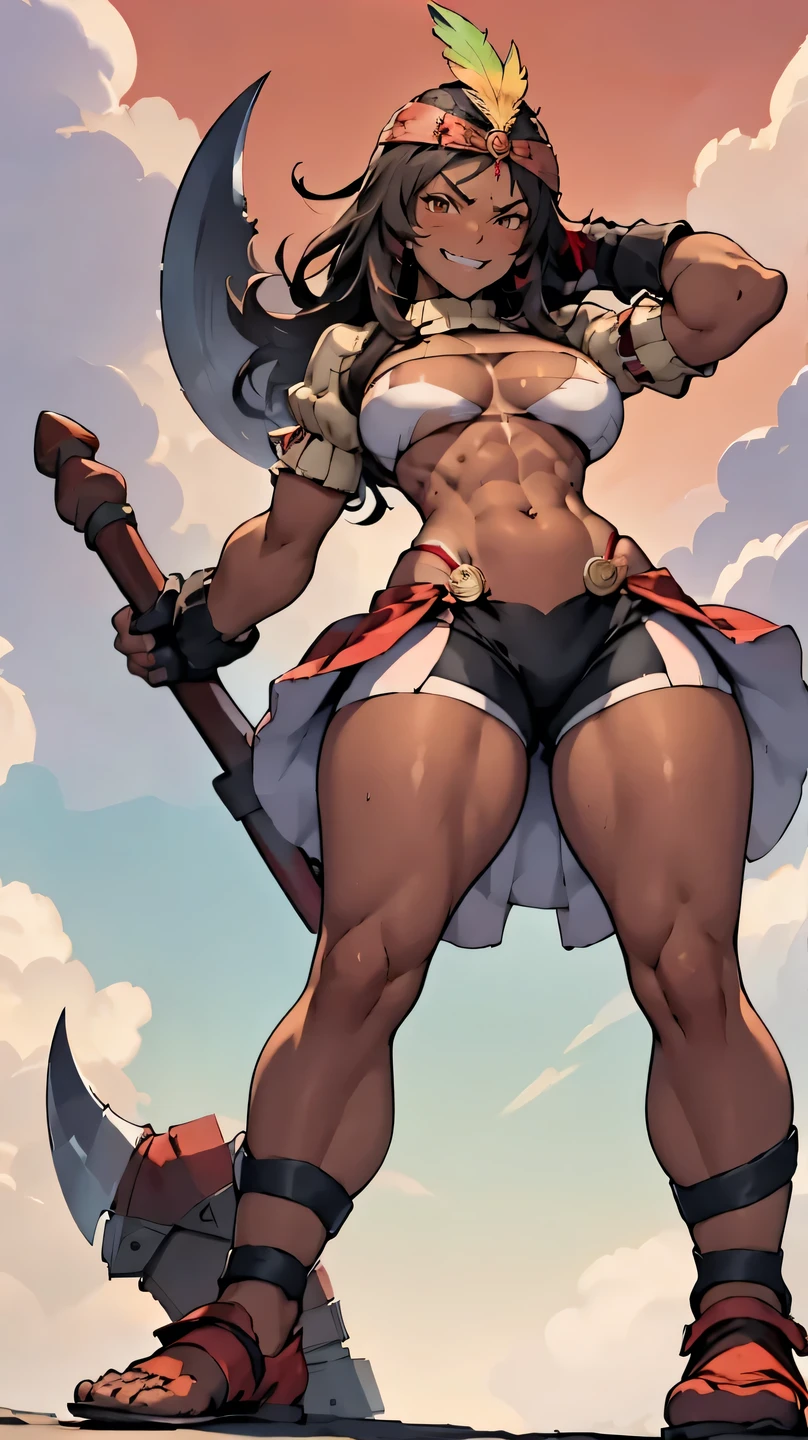 masterpiece, best quality, ff9lani, dark skin, bandana, feather hair ornament, turtleneck, cleavage, puffy sleeves, bandeau, red overskirt, thight short shorts, fingerless gloves, large breasts, holding axe, axe, looking at viewer, huge weapon, grin, castle, red sky, white_micro_top, ((thick thighs)), ((narrow waist)), ((wide hips)) toned body, muscular female, tan skin, ((vivid colors)) flat2d anime style, slim body, shreded abs, athletic body, ((full body)), angry eyes, evil, ((tan lines)), (battle ready)), from below