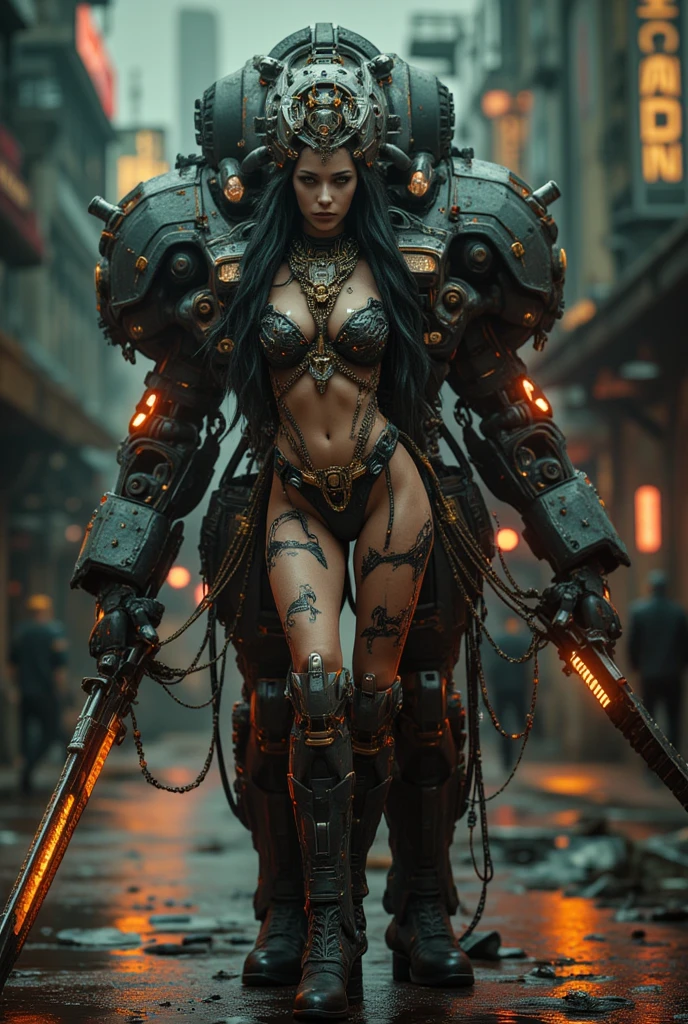 8k,realistic skin texture、superrealism、realistic photo、beautiful girl, 25 year old caucasian girl, origin of northern europe, detailed face, attention detail of the face, pink full lips, long curly orange-red hair that falls in ringlets over his abundant chest, big chest, narrow waist, proportionate and sexy ass, fit, fitness, powerful thighs, A futuristic cybernetic soldier stands among the rubble.Damaged heavy plate camouflage black metal armor inspired by the mix of Evangelion and Iron Man model MarkVII、Drawing of a skull painted on armor with the number 21 tattooed on armor. blue LEDs adorn the combat armor、Heavy combat armor, dirty, Unit paint and identification number.、peeling paint、oil stains、energy rifle、Fighting spirit、Detailed description、dynamic pose、challenging, armadura muy dirty y dañada por el combate deja ver partes de su cuerpo,NSFW, From the front, foreshortened, looking at the viewer, angry look