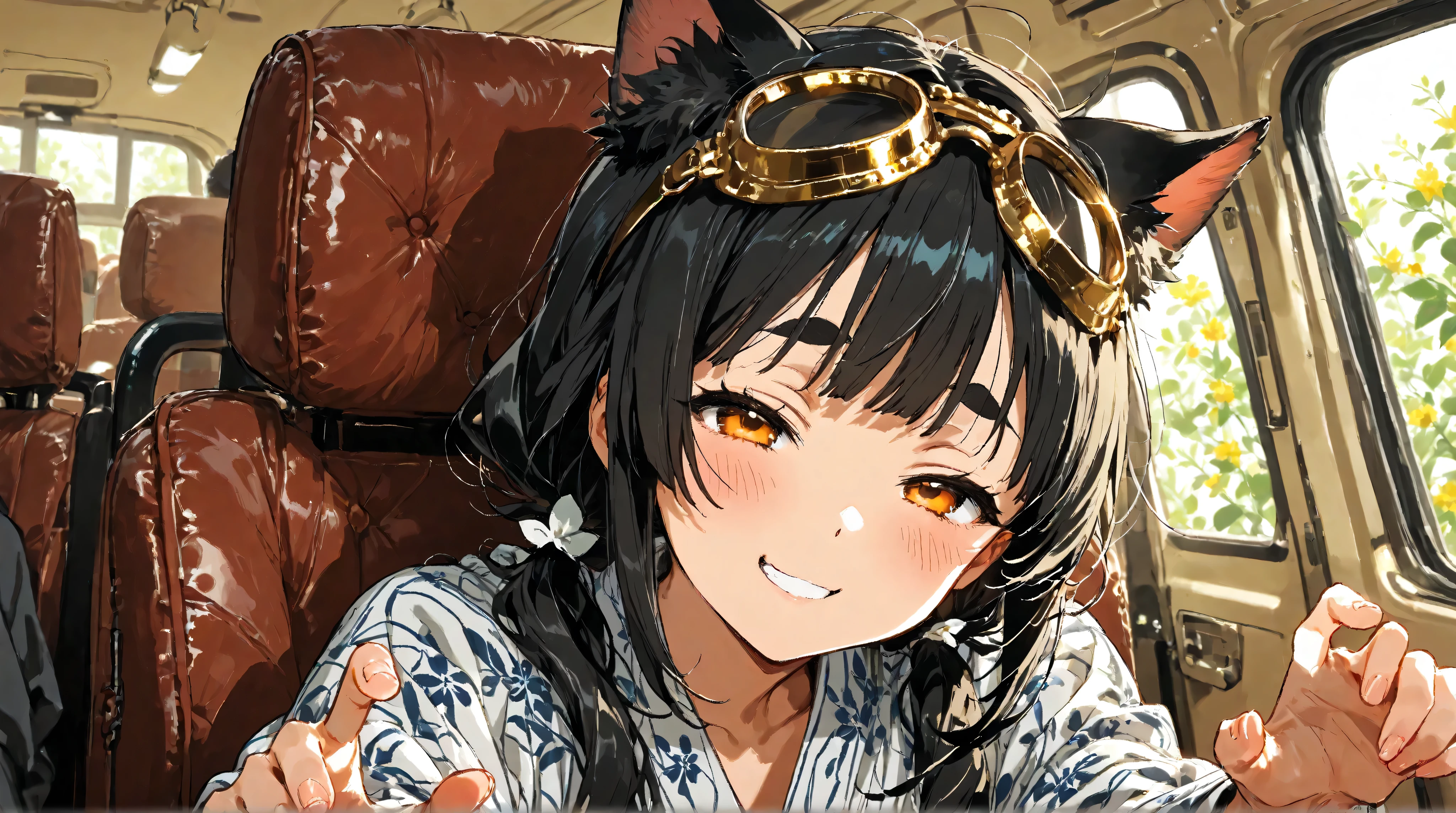 in the seat , Cat girl 、(Cat ears、 women in the world always wear goggles and cat ears), ( I wear luxury gold goggles on my head ), Greatest Masterpiece in History ,dynamic, Shrine Background , beautiful black hair、Pigtails or hair、 half closed eyes、 orange eyes、Thick eyebrows、Trimmed bangs、A shy smile、Nihi face 、The length of the bangs is above the eyebrows、natural、Cheerful with an optimistic personality、 zitoida、A smile with its mouth half open、I'm wearing a traditional school swimsuit under my yukata、Together with the water dragon's guardian spirit、qinghai background