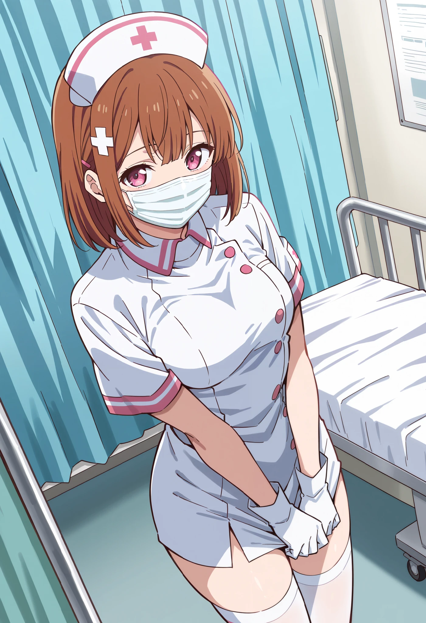 Score_9, score_8_up, score_7_up, source_anime, ren yamai, solo, bangs, brown hair, pink eyes, hair ornament, hair clip, (best quality), (high quality), {masterpiece}, extremely delicate and beautiful, ultra-detailed, beautiful detailed eyes, nurse, nurse hat, ((white nurse's outfit)), white gloves, white legwear, zettai ryouiki, hospital room, ((white surgical mask, covered nose)), standing