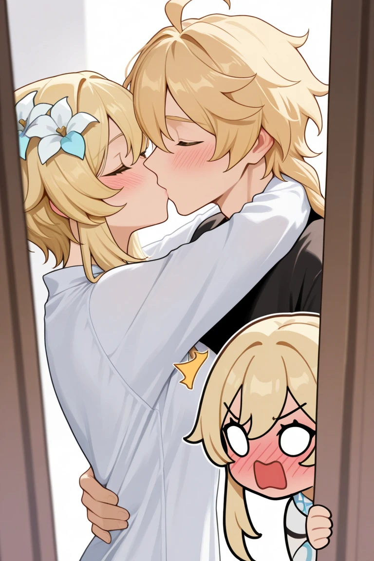 nsfw,1 male,Sweat,White Breath,,Pokémon,Lillie,room,Side view,Licking nipples ngue,Embarrassed expression,