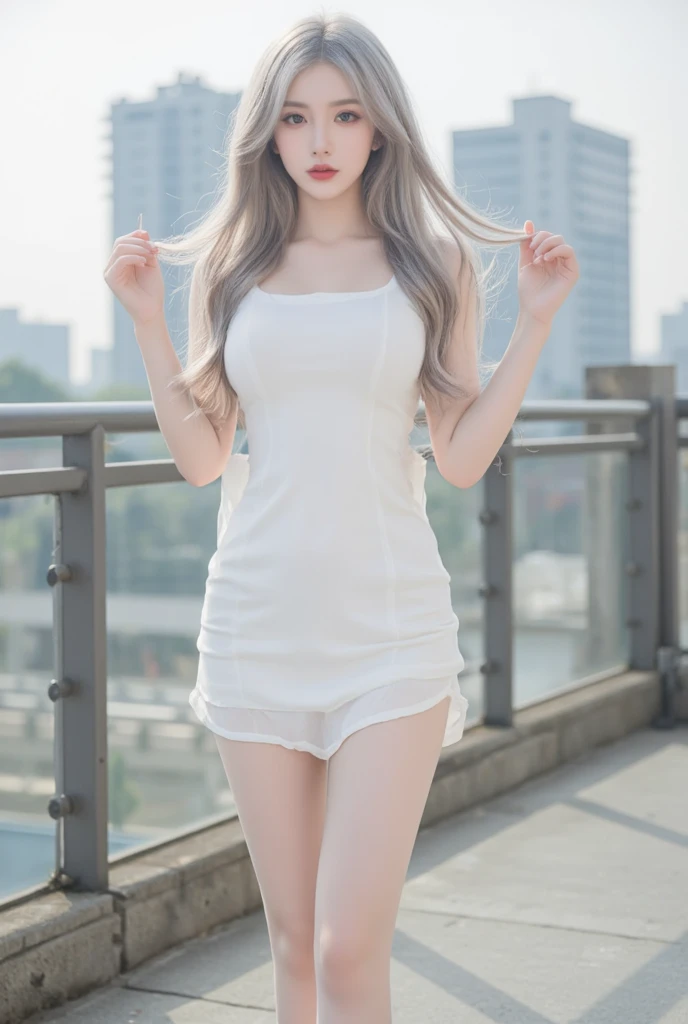 Realistic, high resolution, high texture, beautiful beauty, long flowing hair, big eyes, tunic shirt, full and high straight, sports skirt, walking on the street, long white legs, pale skin, smile, happy eyes
