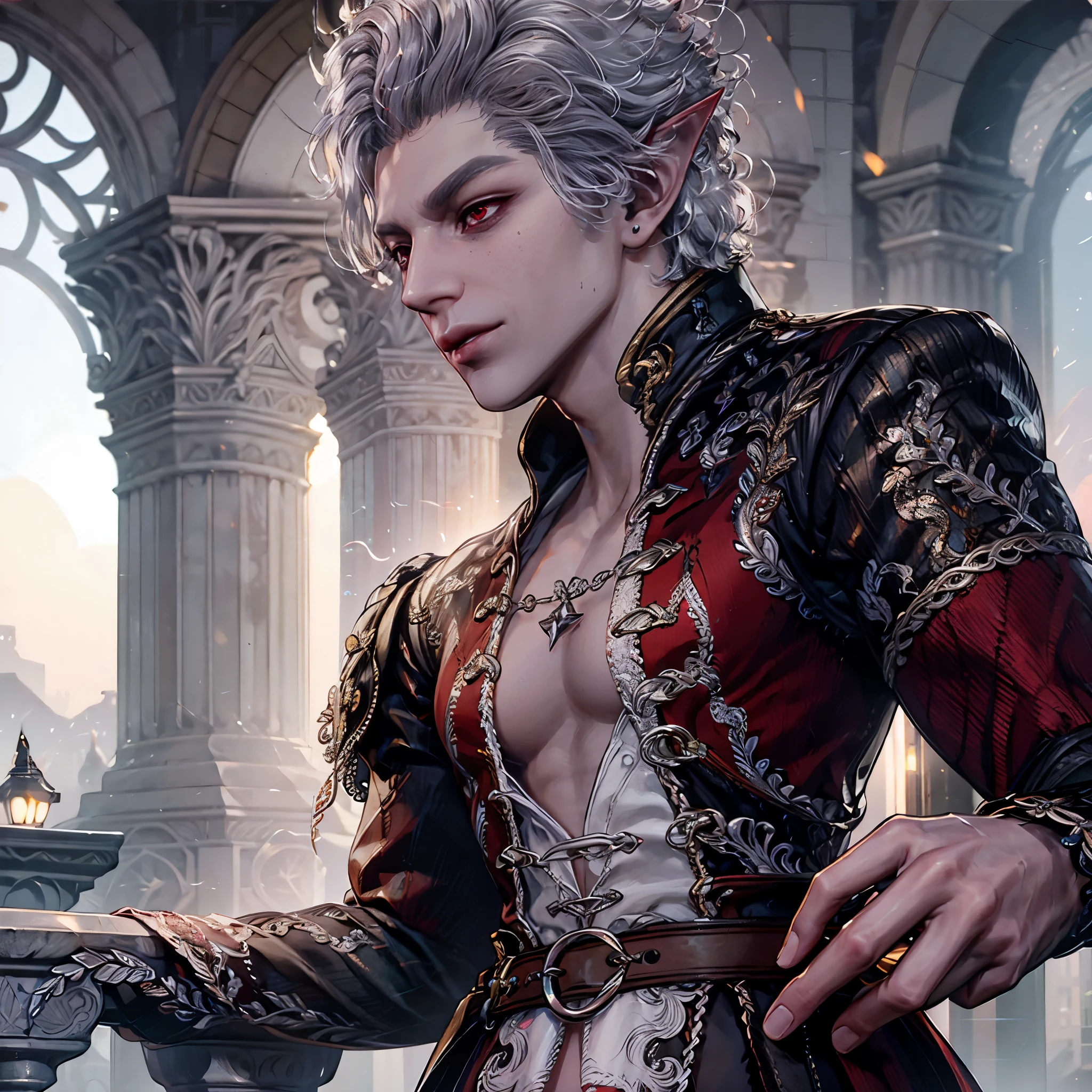 BGAstarion, 1boy, white hair, red eyes, pointy ears