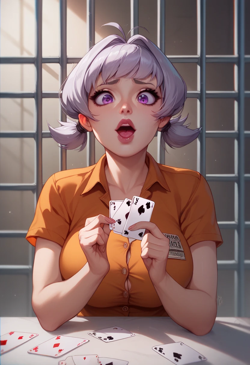A girl with short silver hair with two pigtails ,  purple eyes ,  lips painted black ,  with big breasts, striped, prison clothes, while playing with cards , His face is terrified , and ashamed, In a prison.