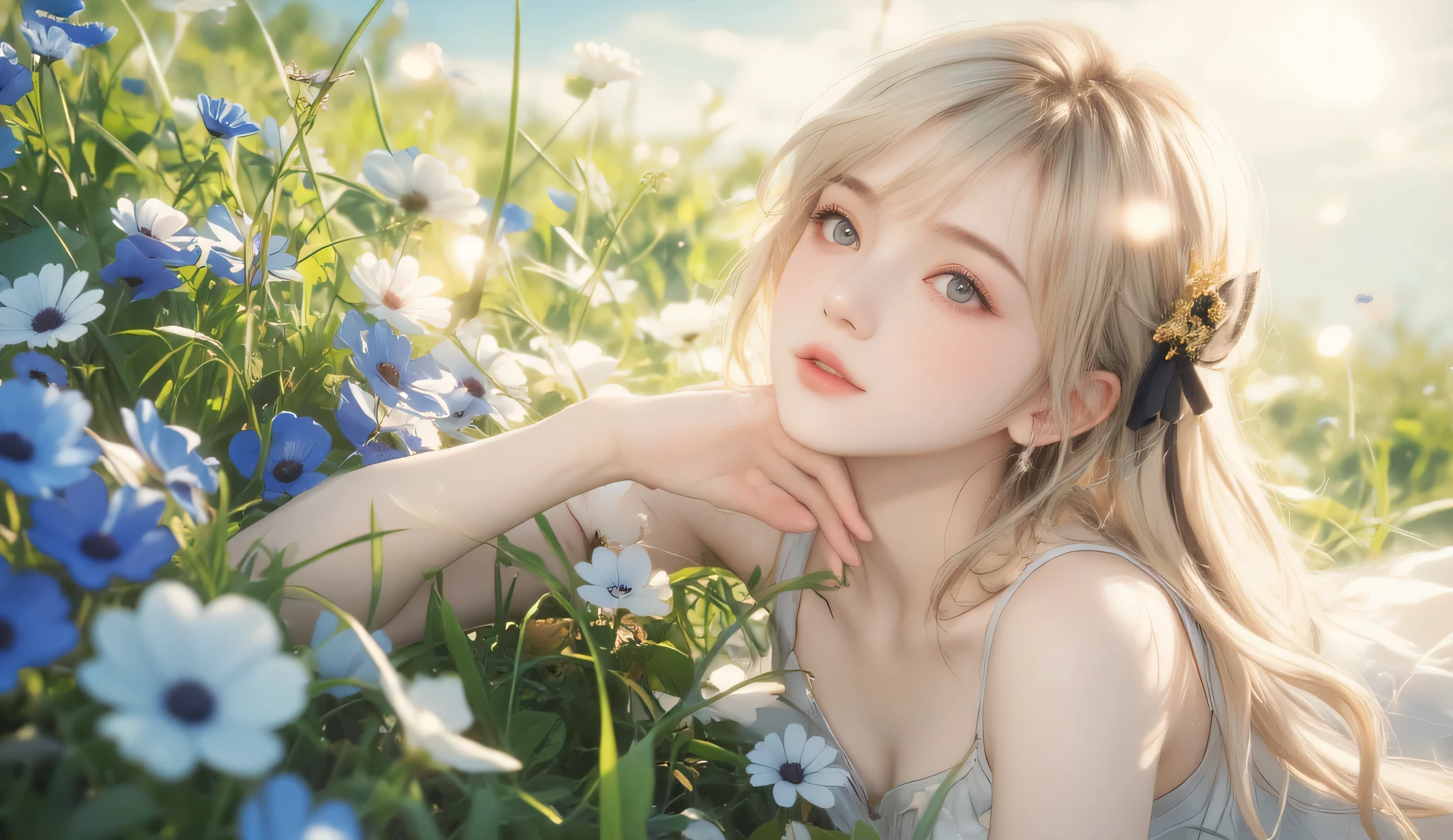 A breathtaking anime-style illustration of a beautiful young woman lying in a lush field of blue and white flowers, bathed in warm, golden sunlight. Her delicate blonde hair cascades across the grass, catching the light with soft, ethereal highlights. She gazes upward with a serene expression, her captivating pinkish-red eyes reflecting the sky above. A black ribbon with a gold accessory adorns her hair, adding a touch of elegance. She wears a flowing white summer dress with thin straps, which drapes gracefully over her slender figure. The sunlight casts soft shadows on her skin, creating a warm and peaceful atmosphere. The surrounding flowers sway gently in the breeze, their petals glowing in the sunlight. The background is a dreamy blur of green fields and soft blue hues, emphasizing the tranquil and soothing mood of the scene. The composition is artistically balanced, with the girl's face slightly off-center, allowing the vibrant flowers and flowing hair to frame her beautifully. The art style is a blend of semi-realism and anime, featuring ultra-detailed rendering, soft shading, and a warm, atmospheric glow. The lighting enhances the dreamlike ambiance, making the entire scene feel peaceful and magical.
