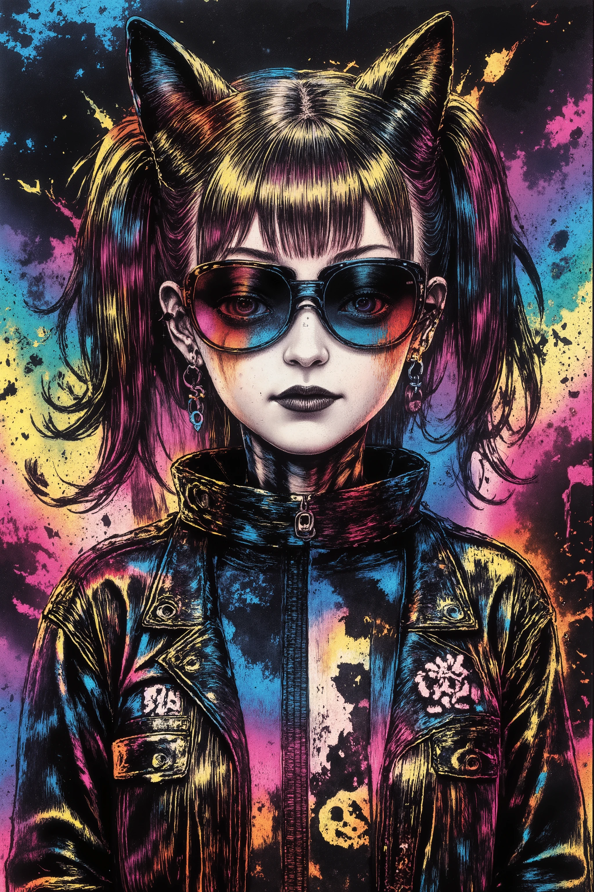 A surreal illustration in the Gradient Mesh style,very cute punk girl,upper body shot, featuring smooth blended color transitions and ethereal lighting. The character appears as if sculpted from flowing gradients, with metallic paint accents adding reflective highlights. The airbrushed surfaces enhance the fluidity, while glazing techniques create a sense of depth and transparency. Despite the seamless aesthetic, disruptive elements intrude—a grunge texture introduces rough imperfections, and chaotic paint splashes distort the harmony.upper body writing, Dust & scratches overlay the polished look with aged imperfections, while retro TV noise adds a VHS grain effect. Glitch distortions subtly fracture the otherwise smooth curves, creating a paradoxical fusion of futuristic elegance and digital decay.
