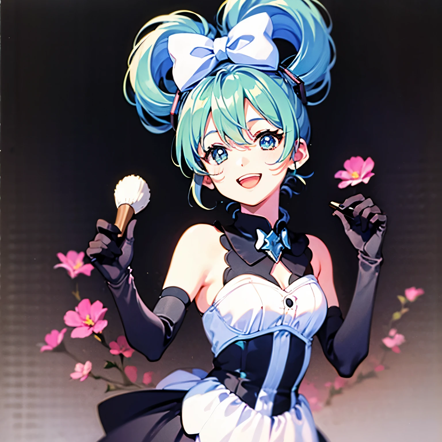 Cinnamic, smile, Look, short hair、 floral background , top quality, smile, Brush, high resolution, Open your mouth just a little ,