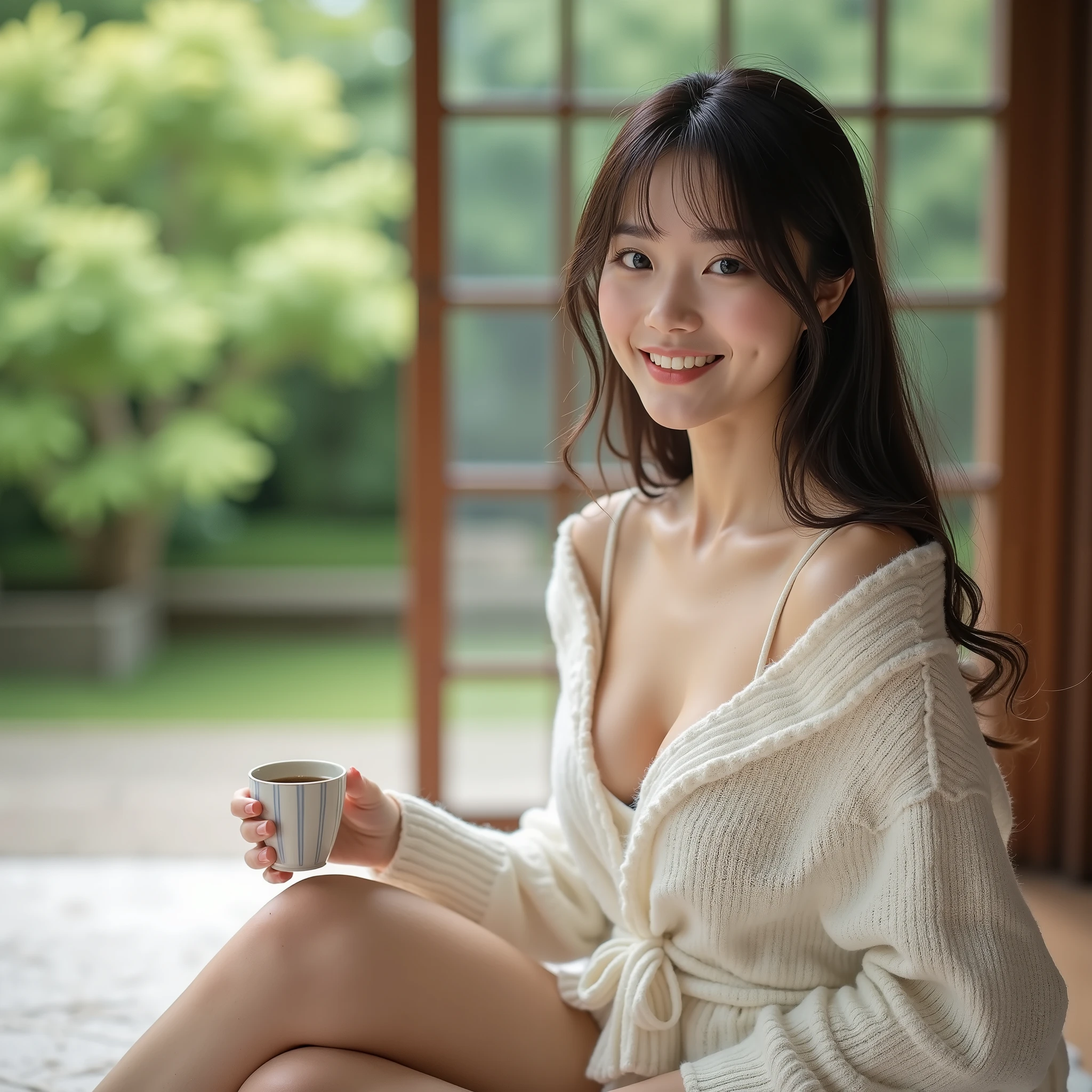 『 1 Japanese girl:1.3』『 REAL PHOTOS:1.3』 top quality:1.2、(( big breasts))、 I can see a little cleavage 、((young 20 year old woman ))、(( have red cheeks ))『 is showing teeth and laughing:1.9』、((( anatomically correct、 perfect anatomy in pool water、 anatomically correct指)))、 slender body, is present, top quality, ultra high resolution, RAW Photo , (Curvy body)、 full body,Idol-like appearance and smile,The background is the garden, a large kamakura is made , I'm inside a kamakura drinking warm coffee,There is a rug underneath ,
, the top is a white v-neck long knit sweater , Can See Your Chest