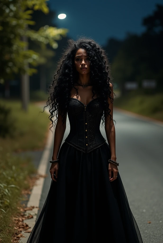 a black woman, light skin, in a black, velvet dress, posing for a picture, draped in velvety black, black dress, draped in black, light hues, gold glow, black aura, wearing a dress of velvety black, glowing black aura, gorgeous woman, black clothes, black pantyhose, bathed in light, big hair, curly hair, long hair, full body pose, medium size breasts, gothic, dark fantasy, dark fantasy back ground