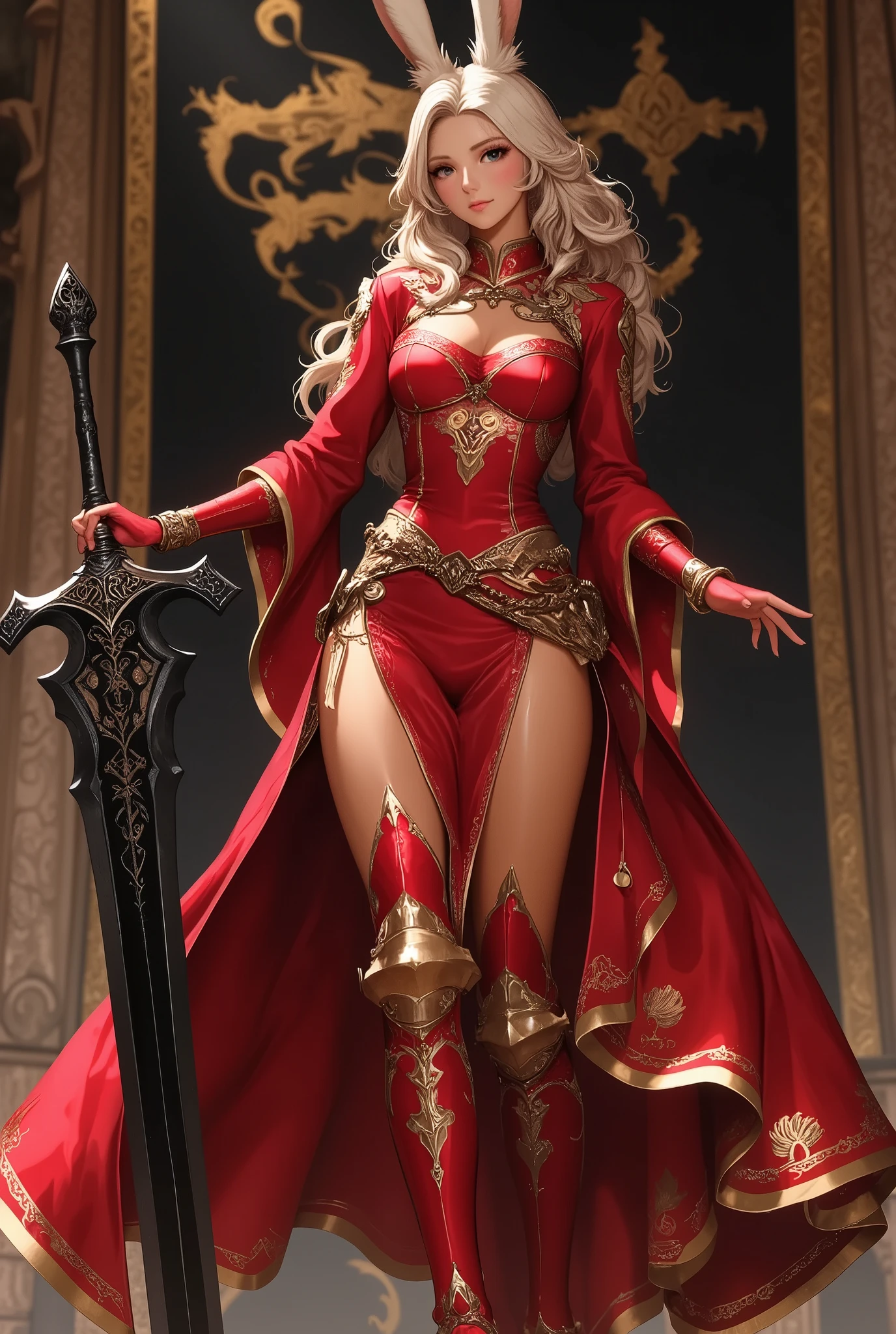 Final Fantasy Style , Takahashi Kazunari's masterpiece, Depiction of his face expressed in extreme detail, Detailed Eyes 、Detailed faces、Hair drawn down to the smallest detail 、Solo Female Viera , beautiful , 32K, enchantment, masterpiece, top quality, , , His ears are hidden by hair and cannot be seen , ((uplifted breasts, deep cleavage )), sexy long legs, , full body, close up, Crusader Commander 、Knights of Malta 、Knights Formal Wear 、Dress made of crimson velvet fabric、 Luxurious, Intricate Formal Wear、 Crimson Long Dress with Golden Embroidery、 Luxurious formal attire with a cross pattern on it、Crimson Cloak、Great Sword、Luxury palace, A flag with a golden lion on a black background