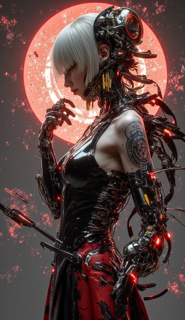 1mechanical girl,((ultra realistic details)), portrait, global illumination, shadows, octane render, 8k, ultra sharp,metal,intricate, ornaments detailed, cold colors, egypician detail, highly intricate details, realistic light, trending on cgsociety, glowing eyes, facing camera, neon details, machanical limbs,blood vessels connected to tubes,mechanical vertebra attaching to back,mechanical cervial attaching to neck,sitting,wires and cables connecting to head