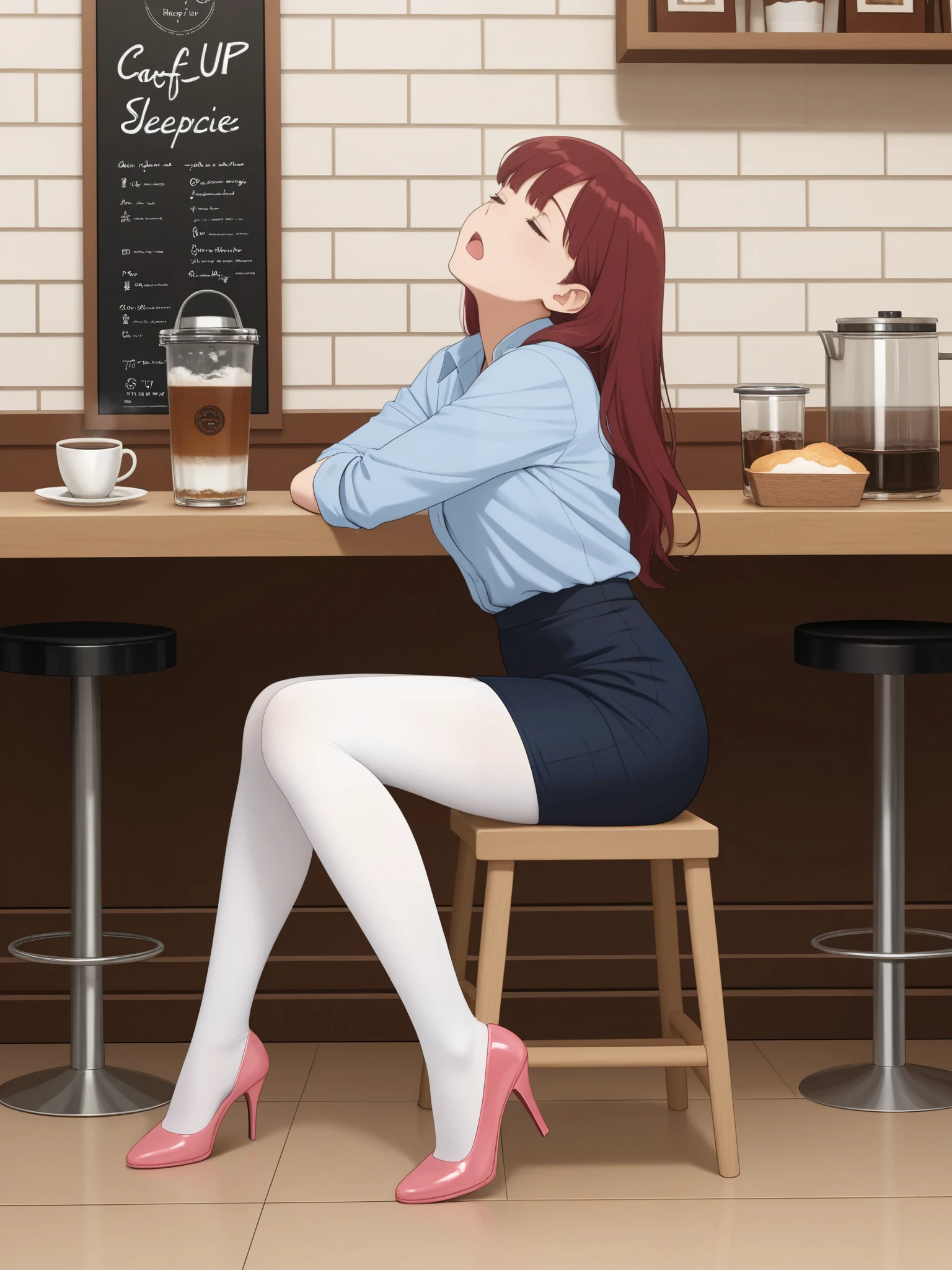 masterpiece, best quality, 1girl, {sleepy:3.0}, {white tights:4.0}, white legwear, open mouth, {eyes open:3.0}, pencil skirt, dress shirt, navy shirt, cafe, official art, dark red hair, long hair, leaning backwards, head tilt, legs bent inward, flat art style, high heels, saturated pink shoes, sitting, flat, anime, {looking up:2.0}