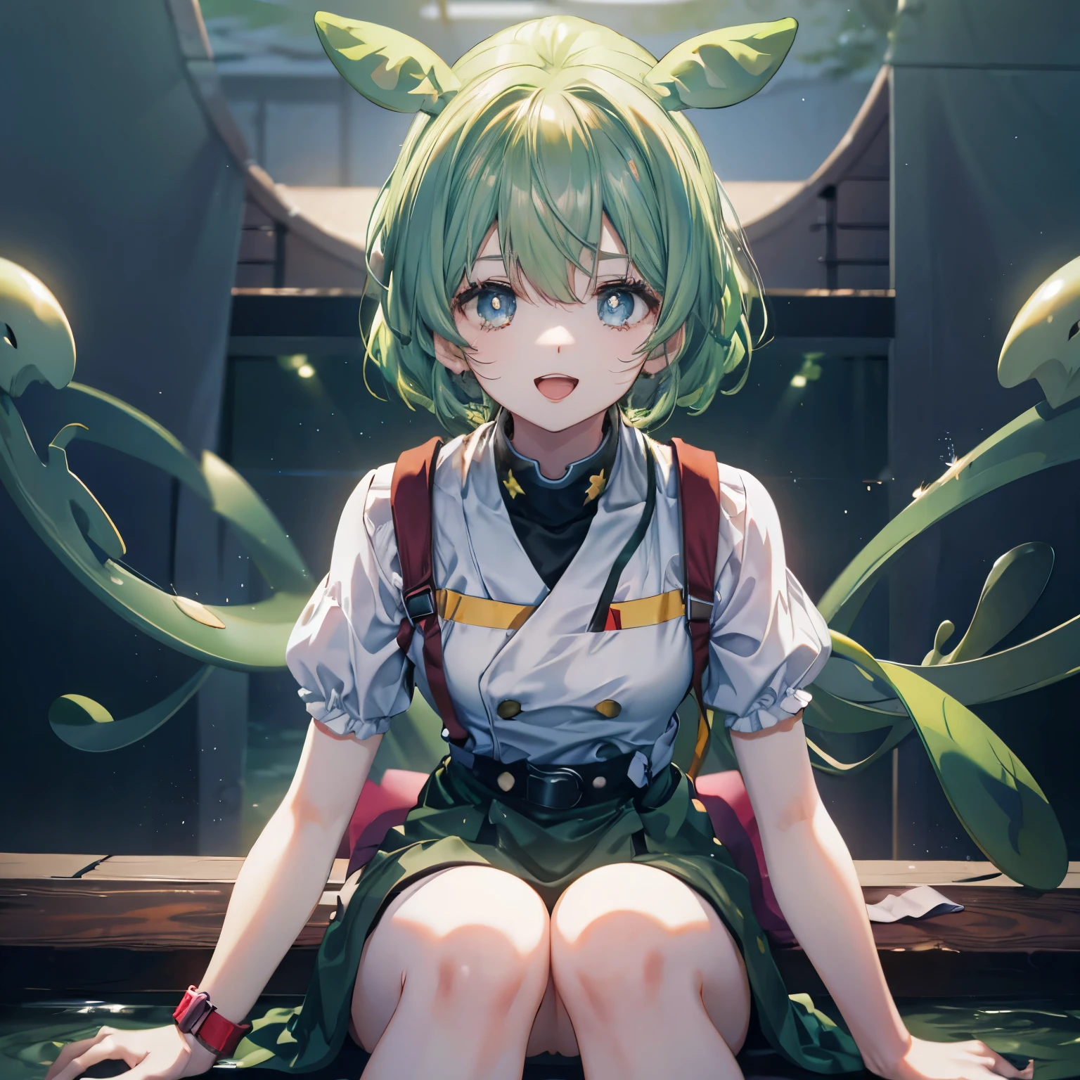   dark green hair, The eyes are yellow, wave hair,  floating hair , smile,  sitting indoors in POV,  open mouth ,  light particles,  Light Blue Eyes,  watch the audience,
