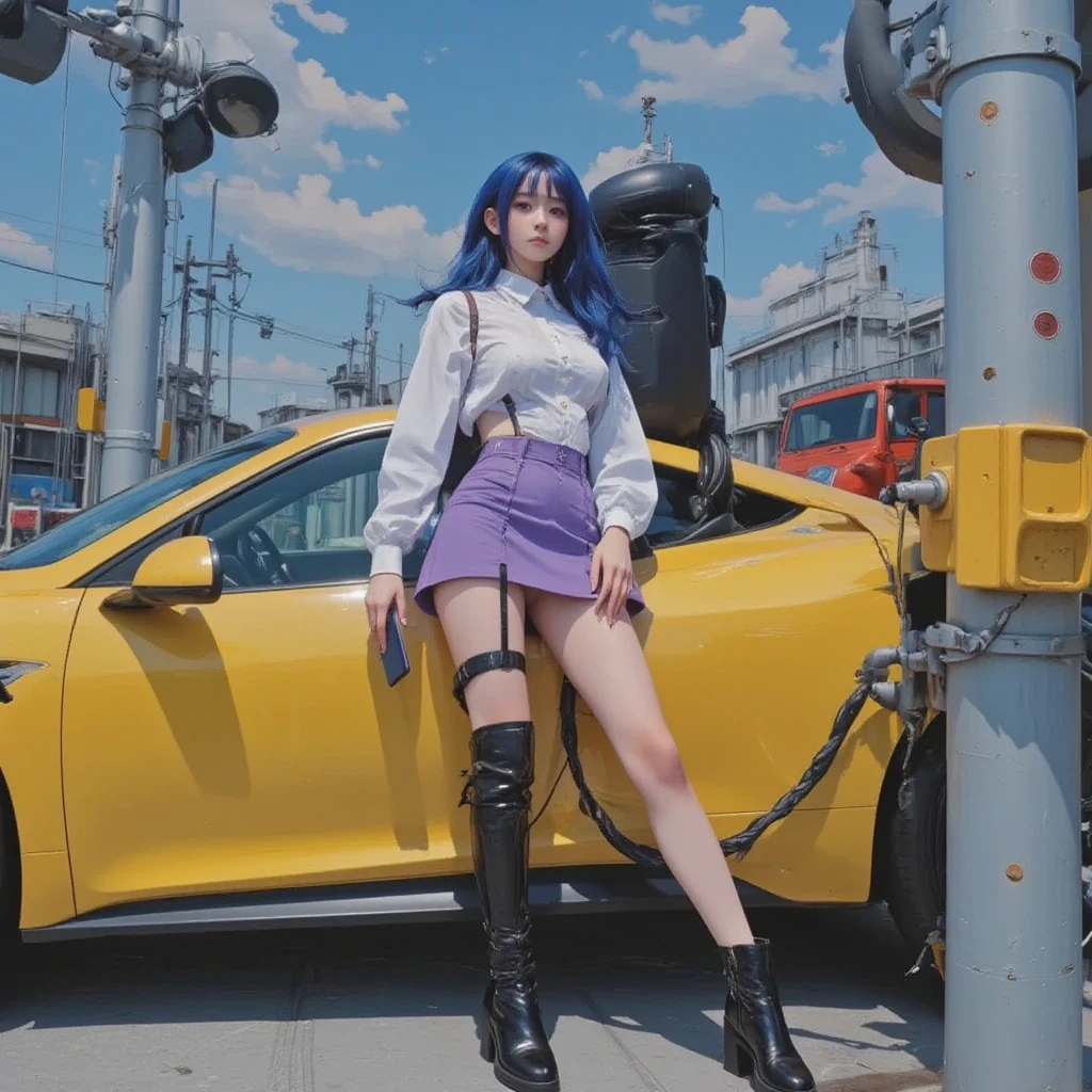 Create a 3D anime picture with a chain that says Sonna. She has long blue hair with bold purple eyes and she sits on the car