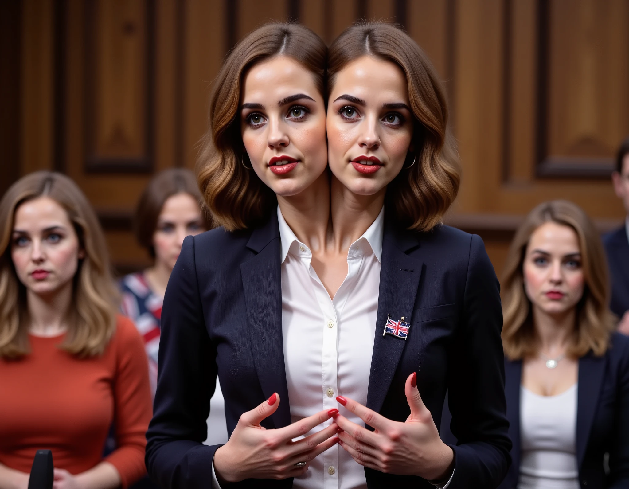 realistic face two headed emma Watson with brown hair and brown eyes a in business suit, British Prime minister, very fit, freckles, two heads, conjoined twins, white polo shirt, big boobs, speaking at podium, United Kingdom, uk flag pin on blazer, red fingernails, red lips, late 40s, wavy hair, necklace, black high heels, full body shot, watch