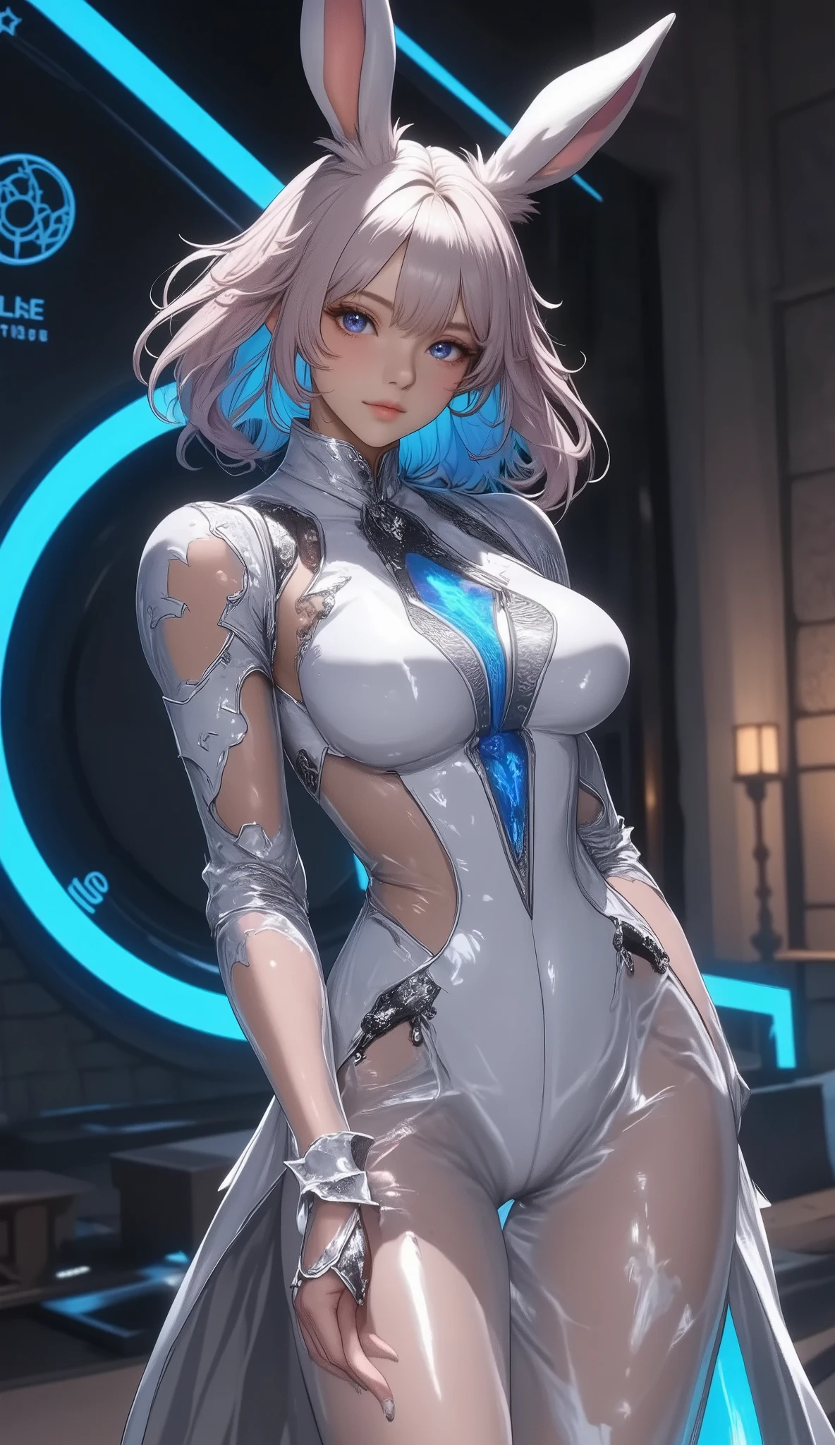 (( Masterpiece, high quality , anatomically accurate , high quality , ultra high quality , depth of field adjustment , , high quality )) ((a solo sexy Viera girl with mechanical body)), complex machine body , A transparent body that shines white , The mechanical structures of the body are visible through, viera, rabbit ears, android ,science, light emitting diode ,metal,metal, high resolution , 最 high quality, high resolution , anatomically accurate , very detailed, Ultra-fine, textured skin , sharp details ,bangs, Vibrant hair color 、 Secret Base、 stands in front of a laboratory monitor
