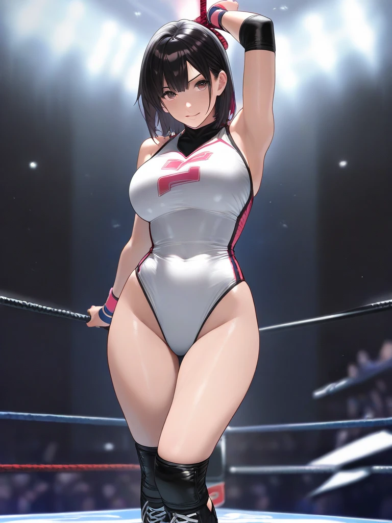 (masutepiece:1.3), (8K, Photorealistic, Raw photography, Best Quality: 1.4), japanse, Beautiful face, (Lifelike face), (Short-cut hair:1.3), Realistic eyes, Beautiful eyes, (realskin), Beautiful skin, Ultra high definition, Hyper-realistic, hight resolution, Beautiful Japan Woman、、(Athletics stadium at night、Land Track:1.5)、track and field、(Show the armpits:1.4)、(Hands behind the head:1.2)、glares、
