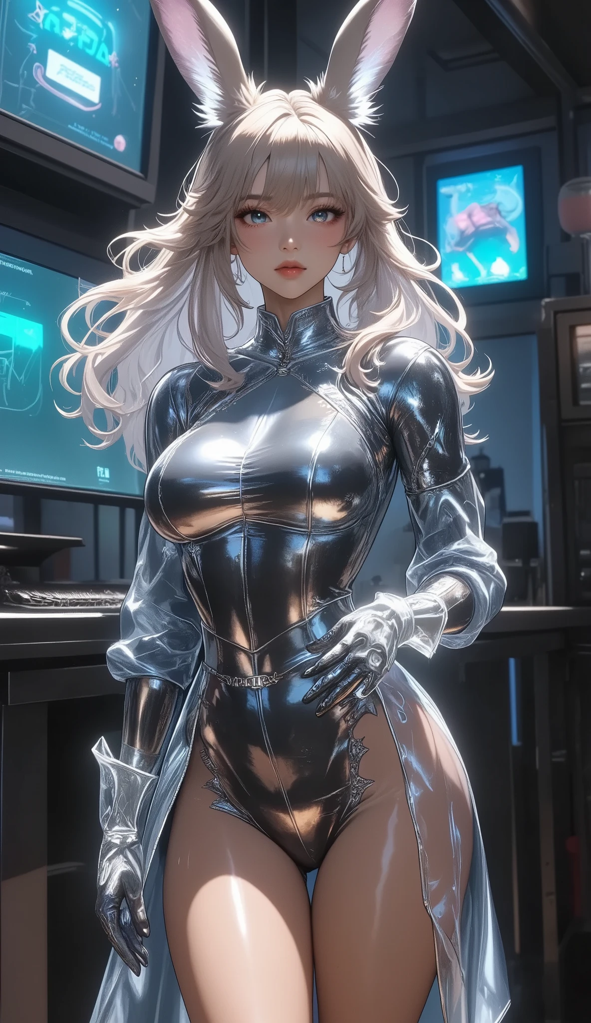 5 8K UHD、Silver-haired beauty in shiny full-body silver latex suit with glasses is looking back showing her buttocks、Beauty with shiny silver latex suit glasses with hidden skin、Upper body only