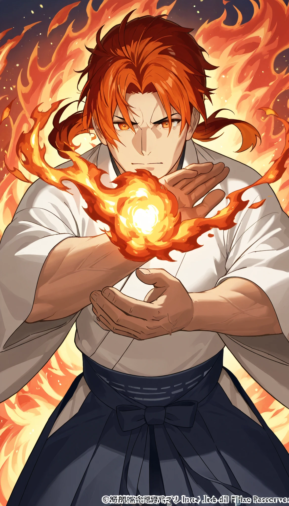 A mature man standing in((hakama )) black hair ((close up view of his eyes)) burning with fire like god , ground cover in fire and sparkling fire and fire particles flying