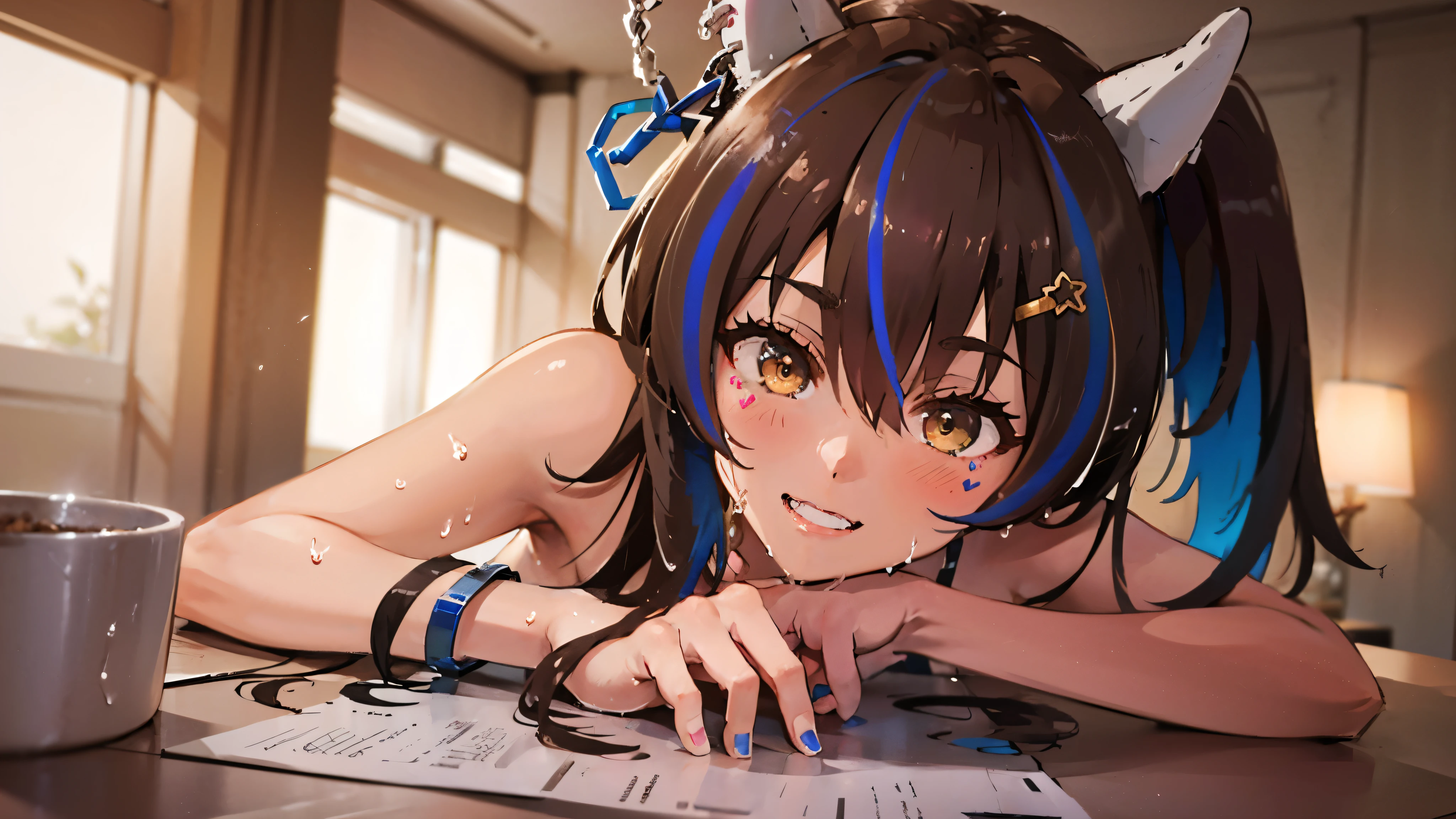 ((8k, 16k, highest quality, masterpiece, very detailed, super detailed, official art, realistic anatomy)), semi-realistic illustration:0.3, 1 girl, NSFW, pretty girl, ((:1.3)), (shining eyes:1.2, highlight eyes), (beautiful eyes, perfect eyes, upward facing eyes), daitaku helios \(umamusume\), (brown horse tail, brown horse ears, brown hair), (small breasts), beautiful face, blush:1.2, (((looking at the viewer))), ((naked, see-through:1.2)), (((cute smile:1.2))), (((spreading legs, sexy pose, female masturbation, squirting))), (((in the bedroom, dramatic lighting))), skinny, (close up, dynamic angle), young body, wet skin, (soft warm lighting, Natural light in summer), ((detailed background))