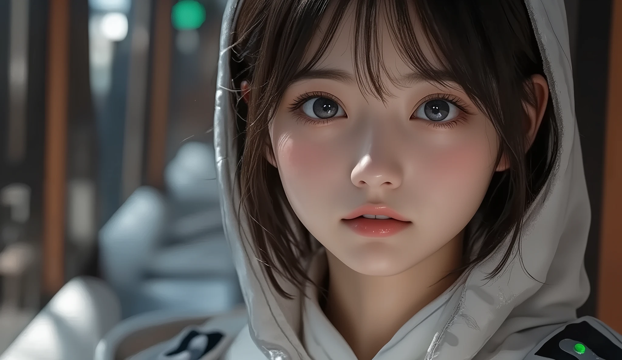 8k, ultra high resolution , top quality, Masterpiece,rule of thirds,golden ratio, surreal, photos, one woman,( girl:1.3), cute, cute顔, Beautiful Eyes in Every Detail , 細かく Details, mature woman, princess,Close UP,smile, black hair, shorthair,Bowl cut,ID photo,future, brutal cyberpunk woman, luxurious and beautiful ,(( overalls)), (( Oversized Hoodie)), very delicate expression , delicate eye description,, Healthy body shape, (( 1 female)), Height: 160cm, (( thin thighs)) ,( thin waist:1.4)、( Beautiful :1.4), pink lips, profile,((( ideal body shape))),Small bust, A cup :2,、 portrait:2、 perfect anatomy in pool water 、鮮明な Details、 Details, thin lips,Perfect and beautiful face ,完璧で cute顔, Meticulous Skin , Perfect Limbs 、 thin waist, surreal,Light and Dark, fashion magazine cover,glowing