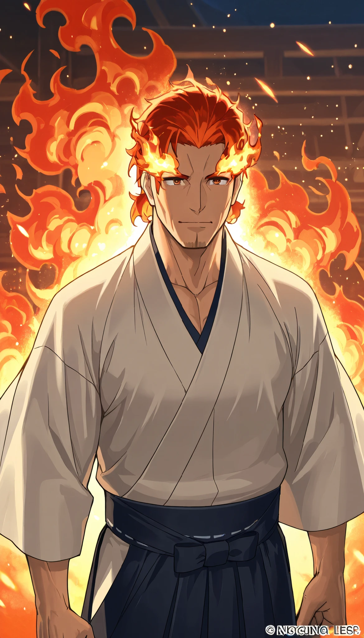  A mature man standing in((hakama )) ((close up view of his eyes)) burning with fire like god , ground cover in fire and sparkling fire and fire particles flying